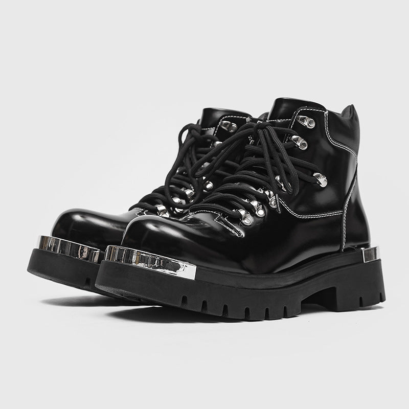 Black men's Golden Heir chunky-soled Dr Martens boots with sturdy leather construction and rugged style.