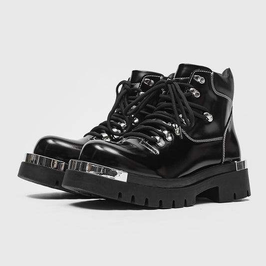 Black men's Golden Heir chunky-soled Dr Martens boots with sturdy leather construction and rugged style.
