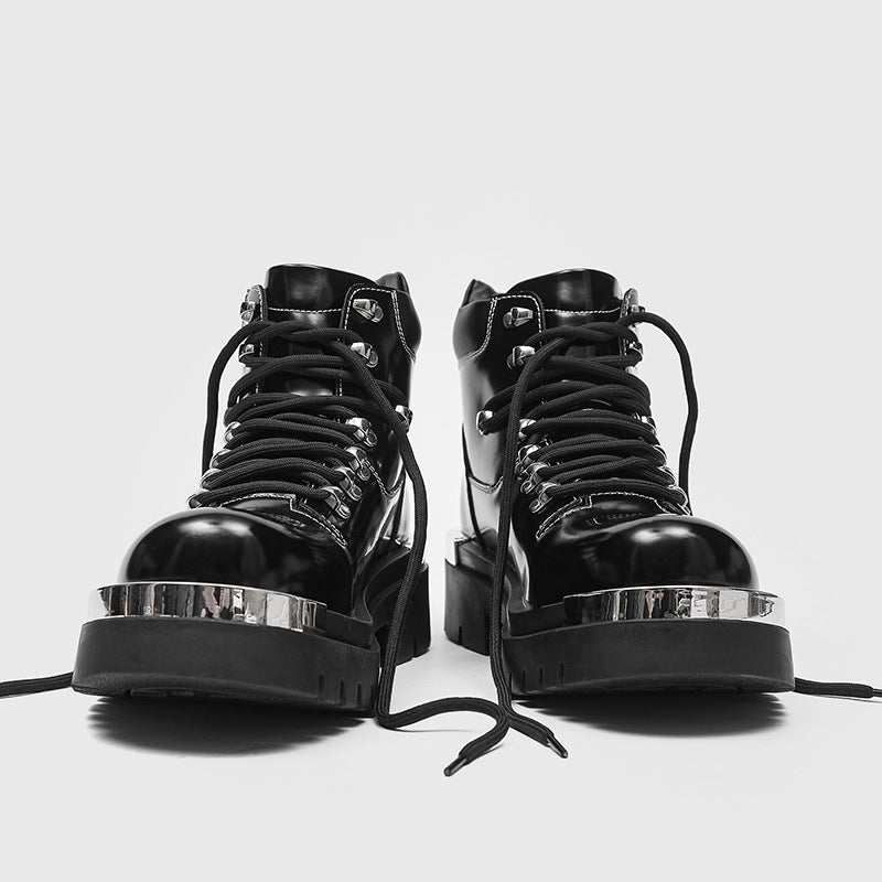 Men's black Golden Heir chunky-soled Dr Martens boots with lace-up design and sturdy construction, stylish and versatile footwear.