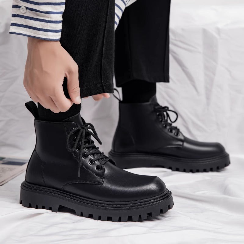Black men's leather boots by Golden Heir, autumn British style, featuring sturdy design and classic ankle height.