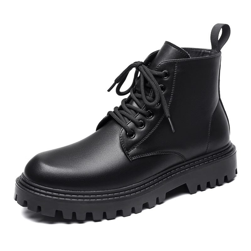 Men's black leather boots by Golden Heir, British style autumn footwear with classic design and sturdy sole.