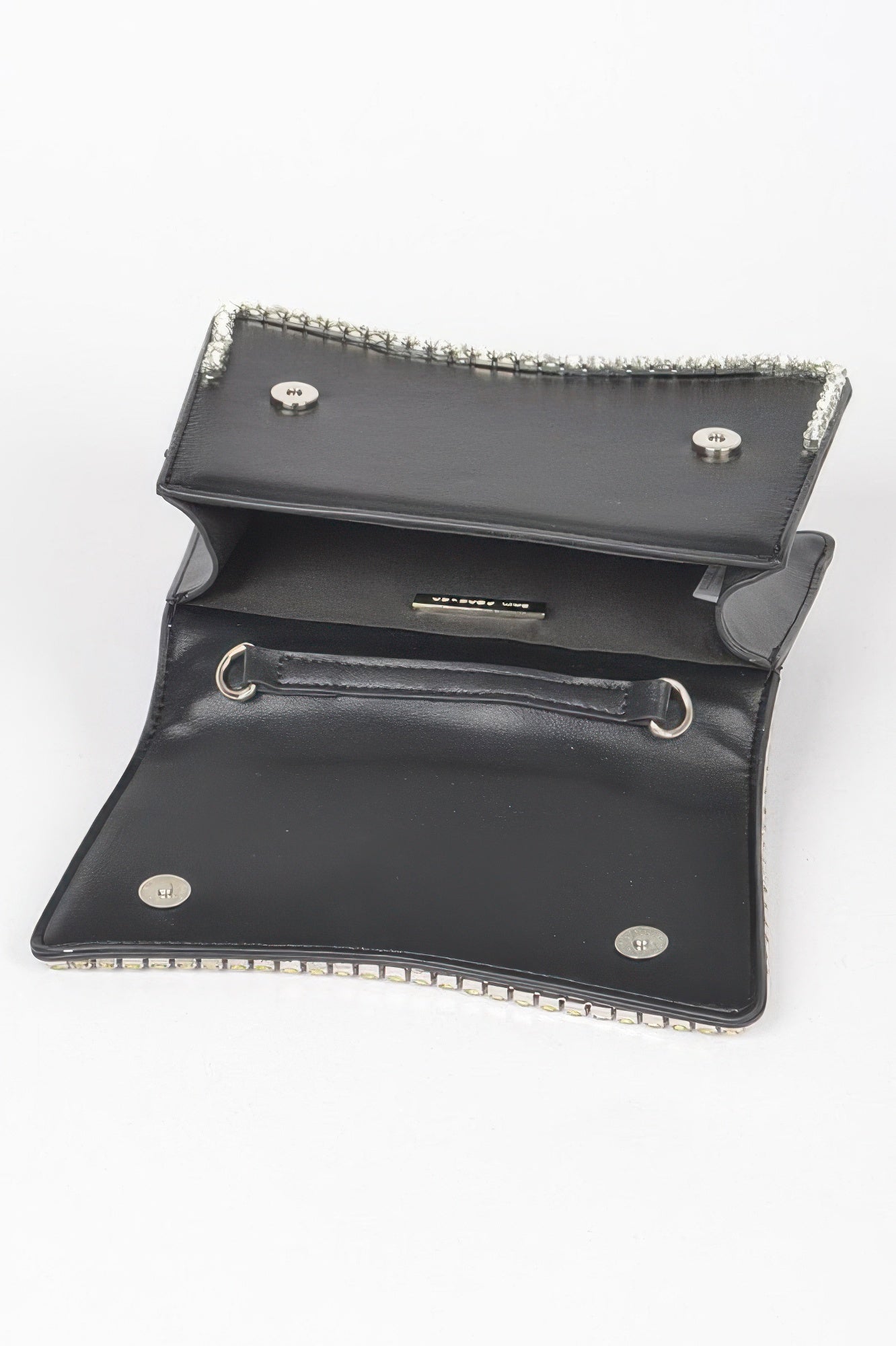 Golden Heir faux leather clutch bag with top handle and flap closure featuring rhinestone embellishments.