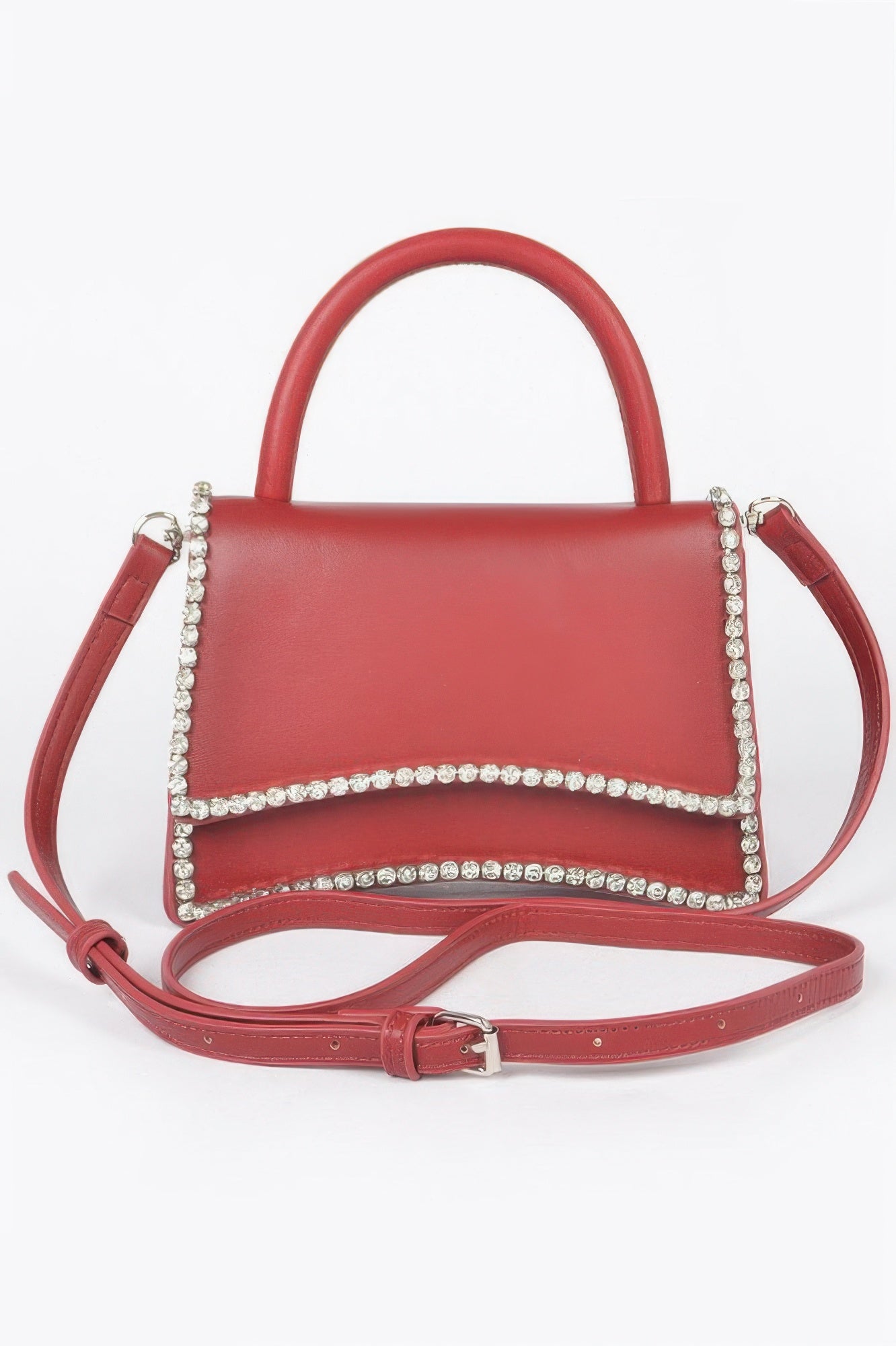 Golden Heir faux leather clutch bag with top handle, flap closure, and rhinestone accents in burgundy color.