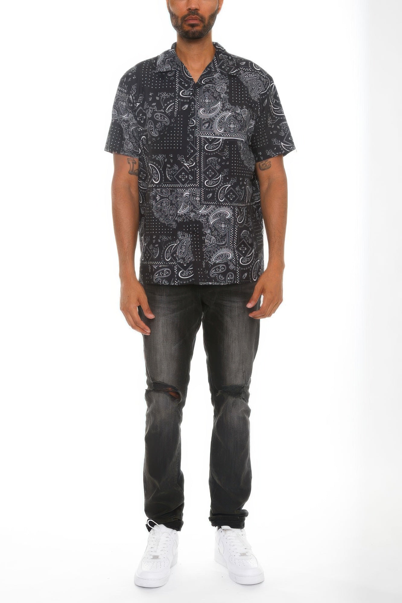Golden Heir men's collared print button-down shirt in black and white, featuring a stylish pattern and classic fit.