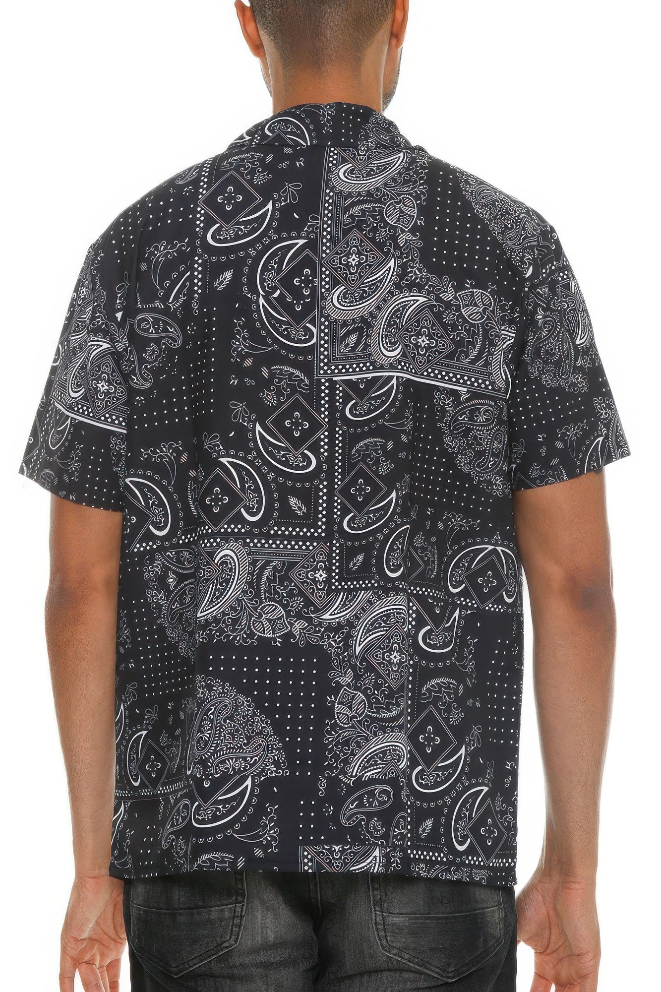 Golden Heir men's collared print button-down shirt in black and white with a stylish all-over pattern.