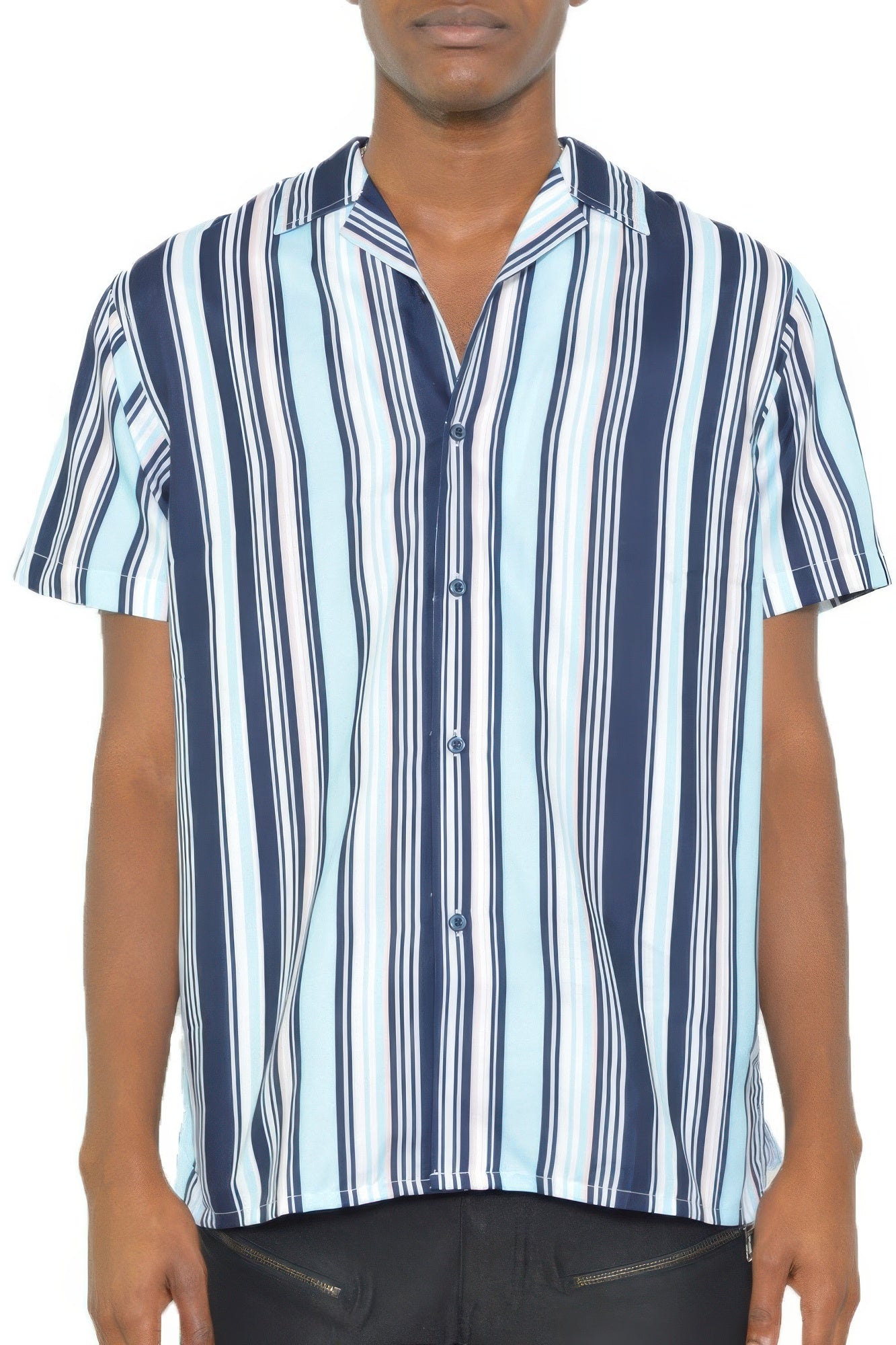 Golden Heir short sleeve button down shirt in blue and pink, featuring a classic collar and stylish design.