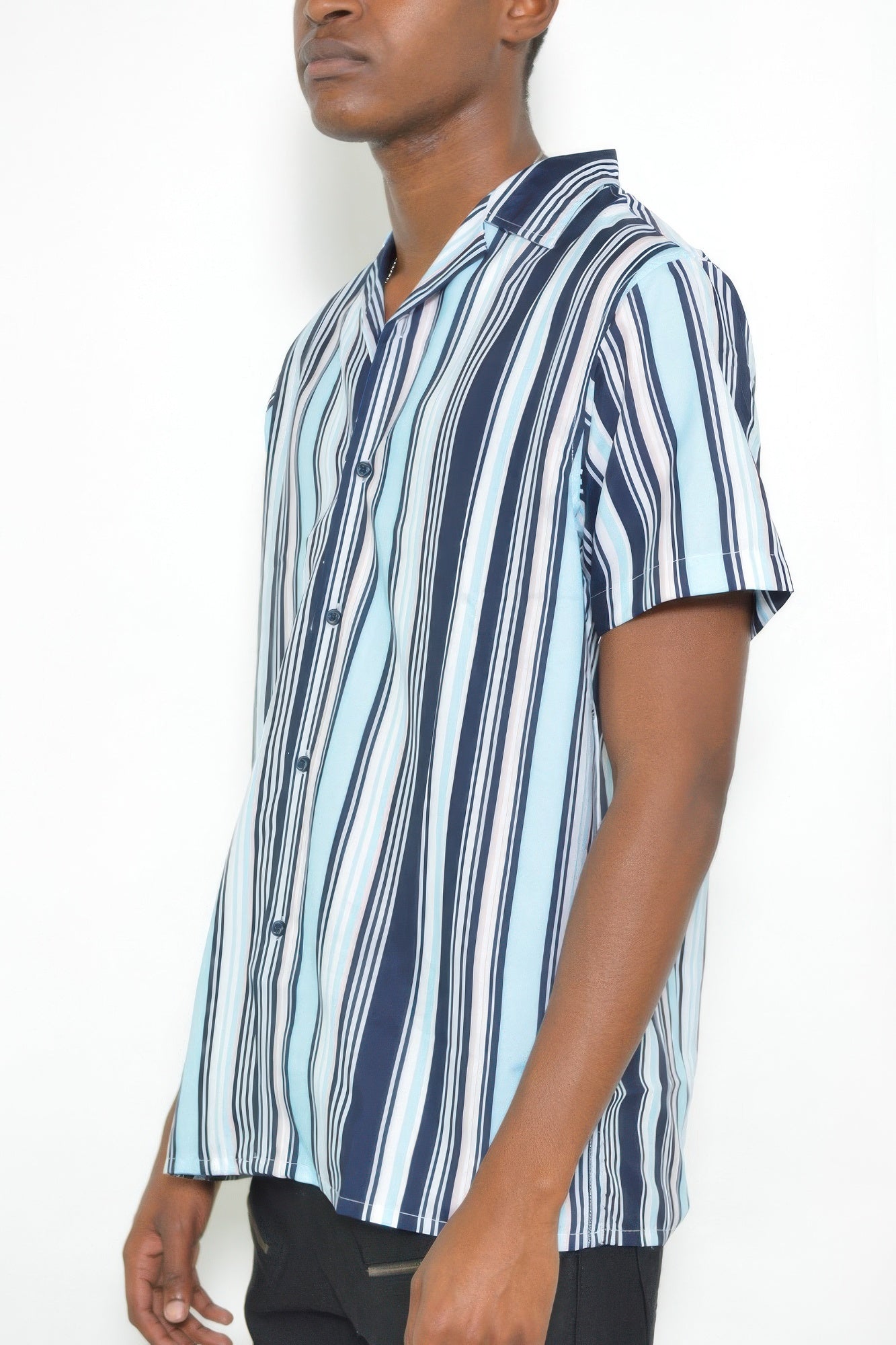 Golden Heir short sleeve button down shirt in blue and pink, featuring a classic collar and button front for a stylish look.