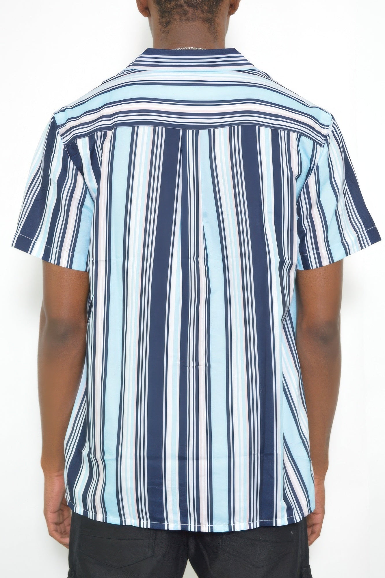 Golden Heir short sleeve button down shirt in blue and pink, featuring a classic collar and button front design.