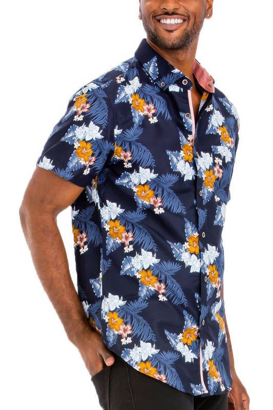 Golden Heir men's Hawaiian print button-down shirt in blue, featuring a colorful tropical floral design.