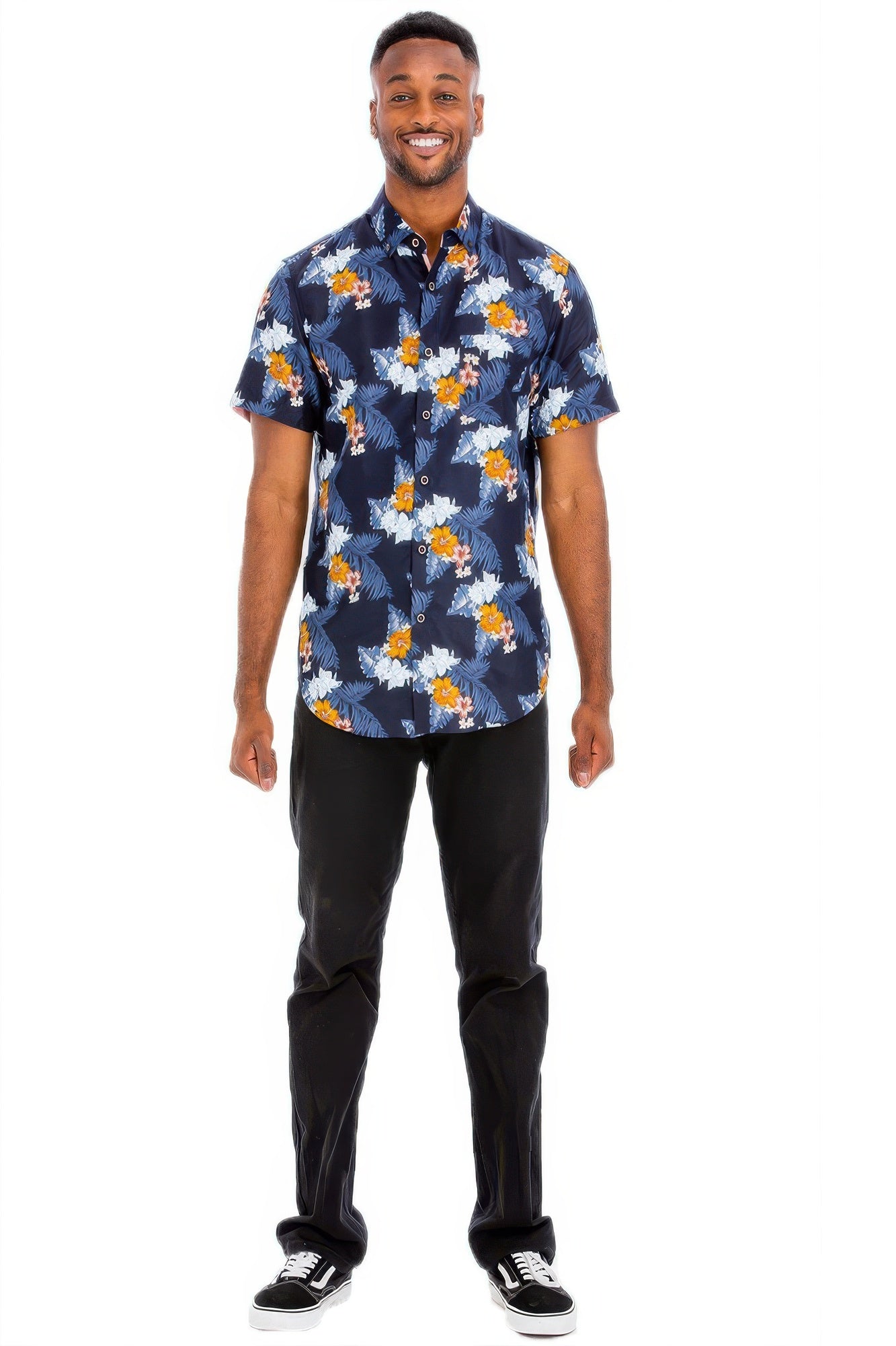 Golden Heir men's blue Hawaiian print button-down shirt, casual short-sleeve shirt with tropical floral design.