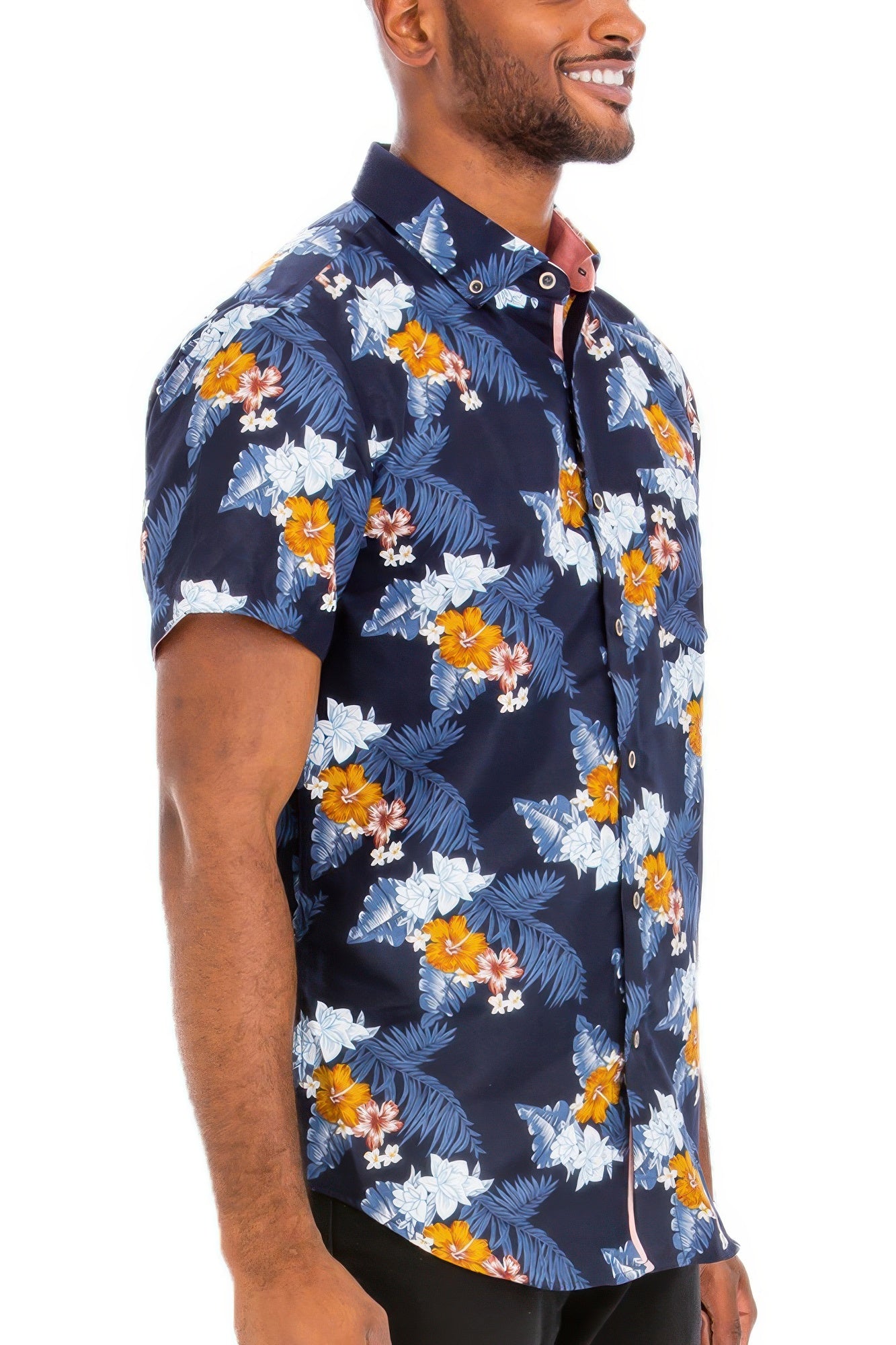 Golden Heir men's Hawaiian print button-down shirt in blue, featuring vibrant tropical floral design and casual fit.