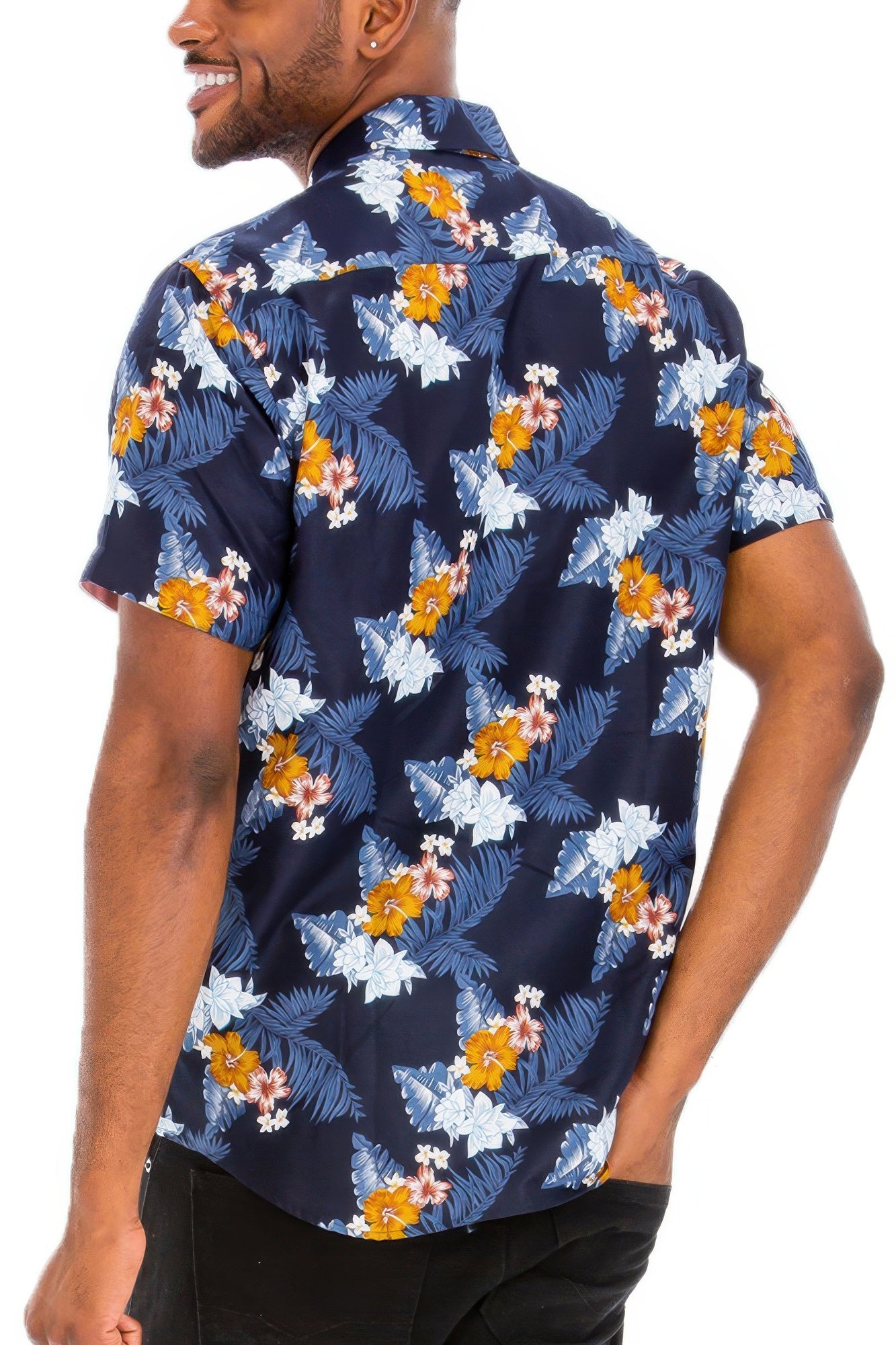 Golden Heir men's Hawaiian print button down shirt in blue with vibrant tropical pattern, casual summer style.