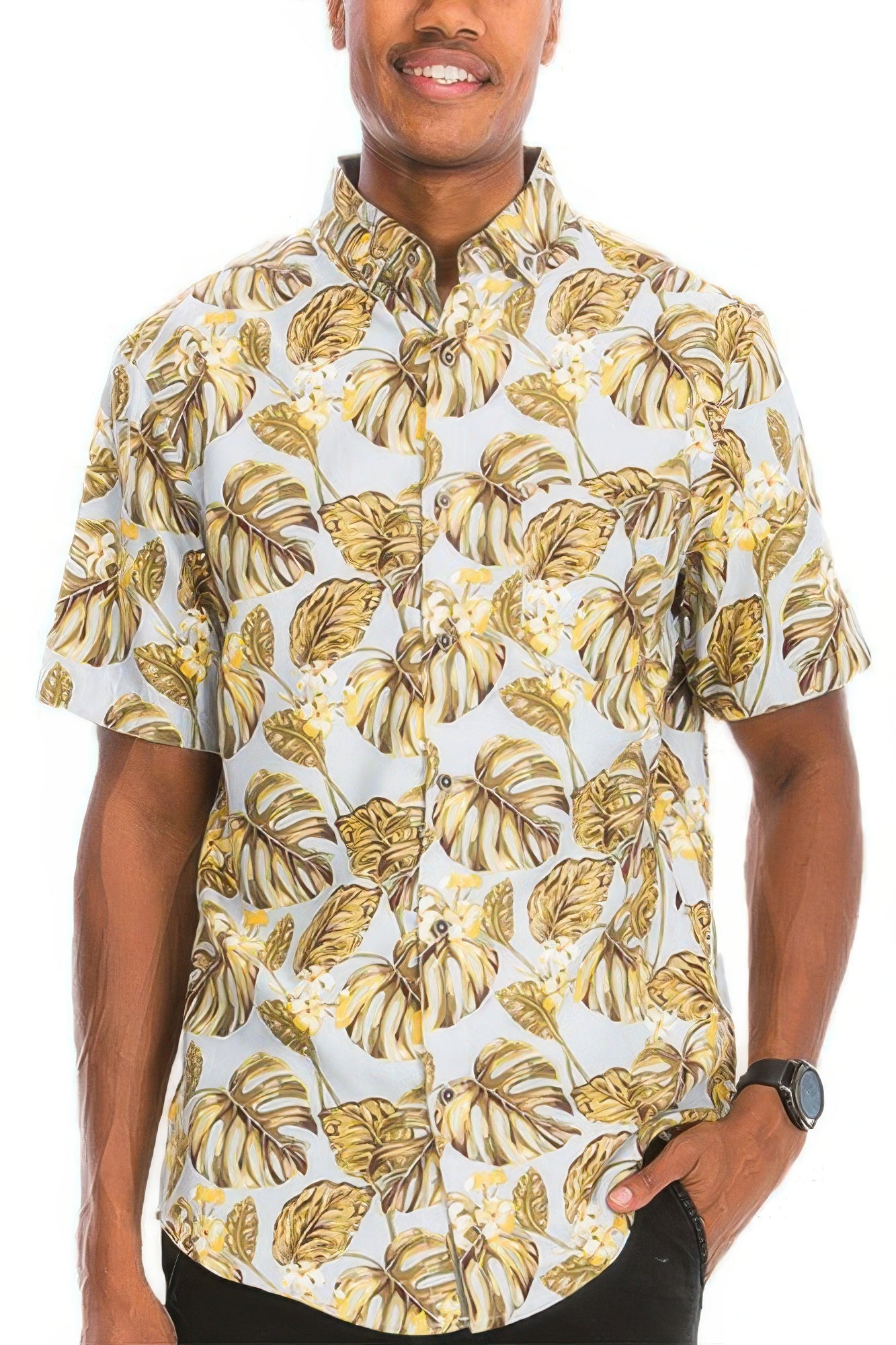 Golden Heir Hawaiian print cream button down shirt, casual men's shirt with tropical pattern and relaxed fit.