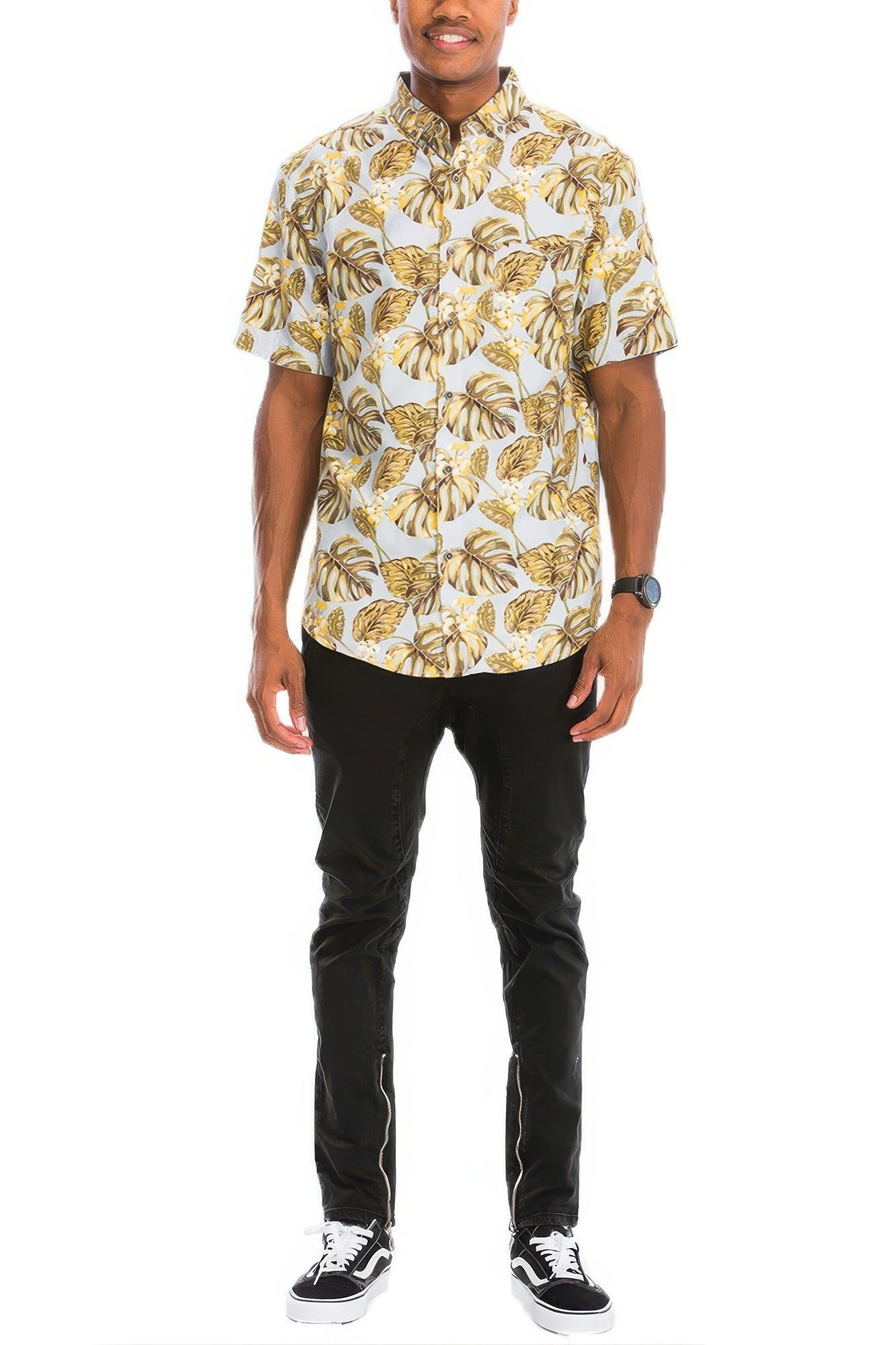 Golden Heir Hawaiian print button down shirt in cream, featuring vibrant floral patterns and relaxed fit for casual wear.