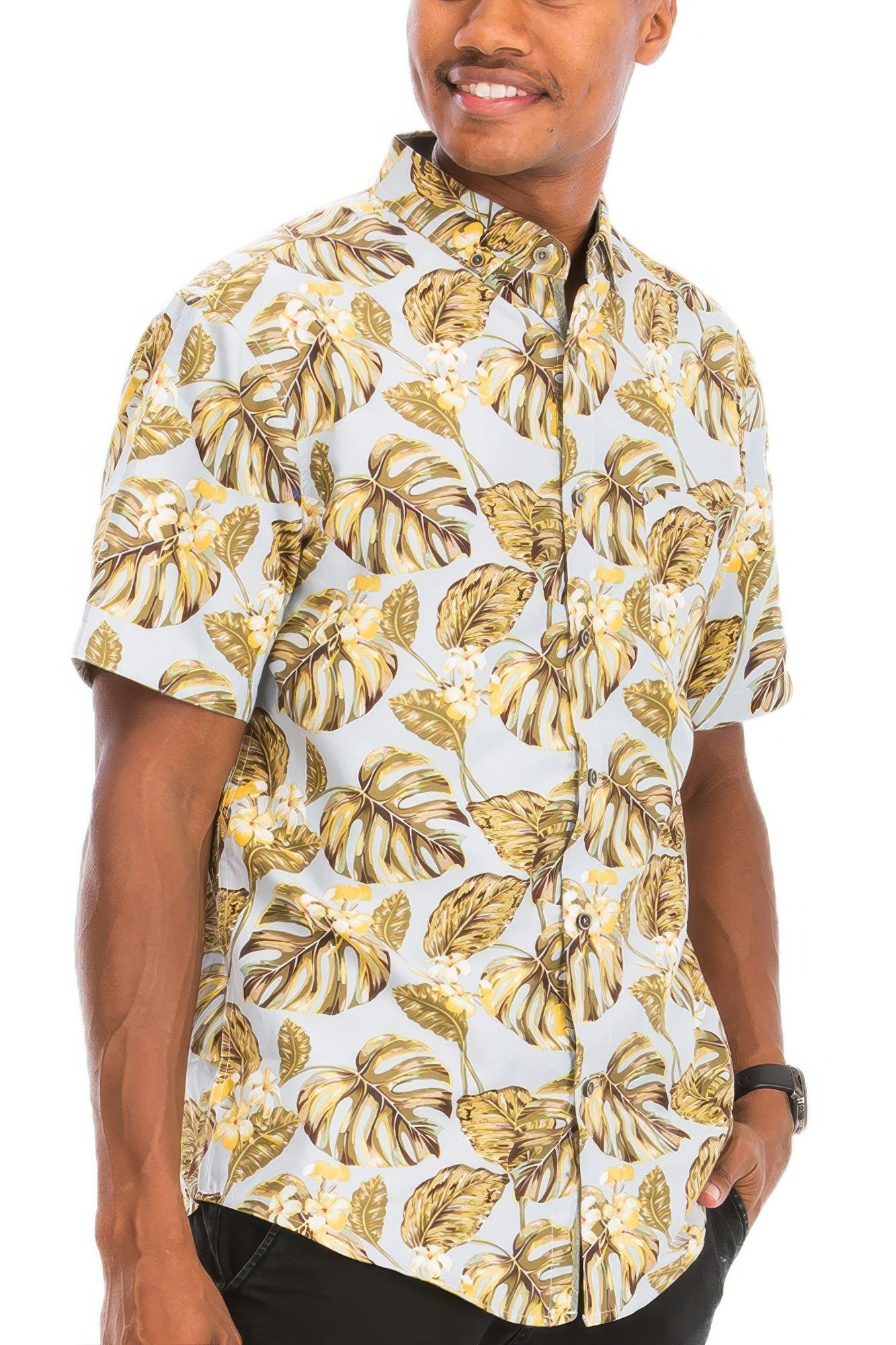 Cream Hawaiian print button-down shirt by Golden Heir featuring vibrant floral patterns and a classic collar design.