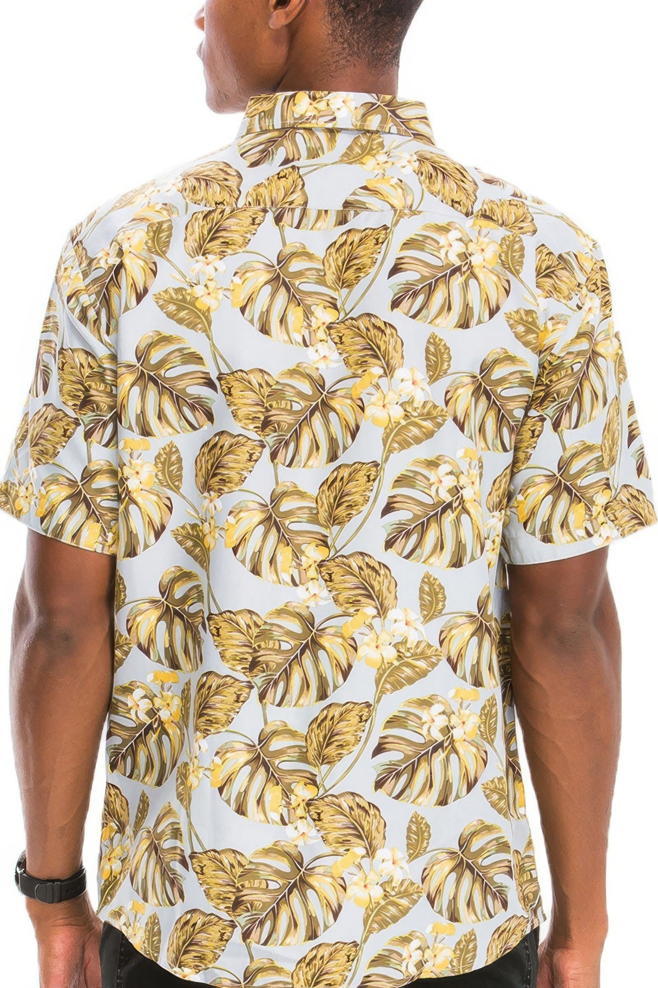 Golden Heir Hawaiian print cream button-down shirt with tropical floral design, short sleeves, and classic collar.