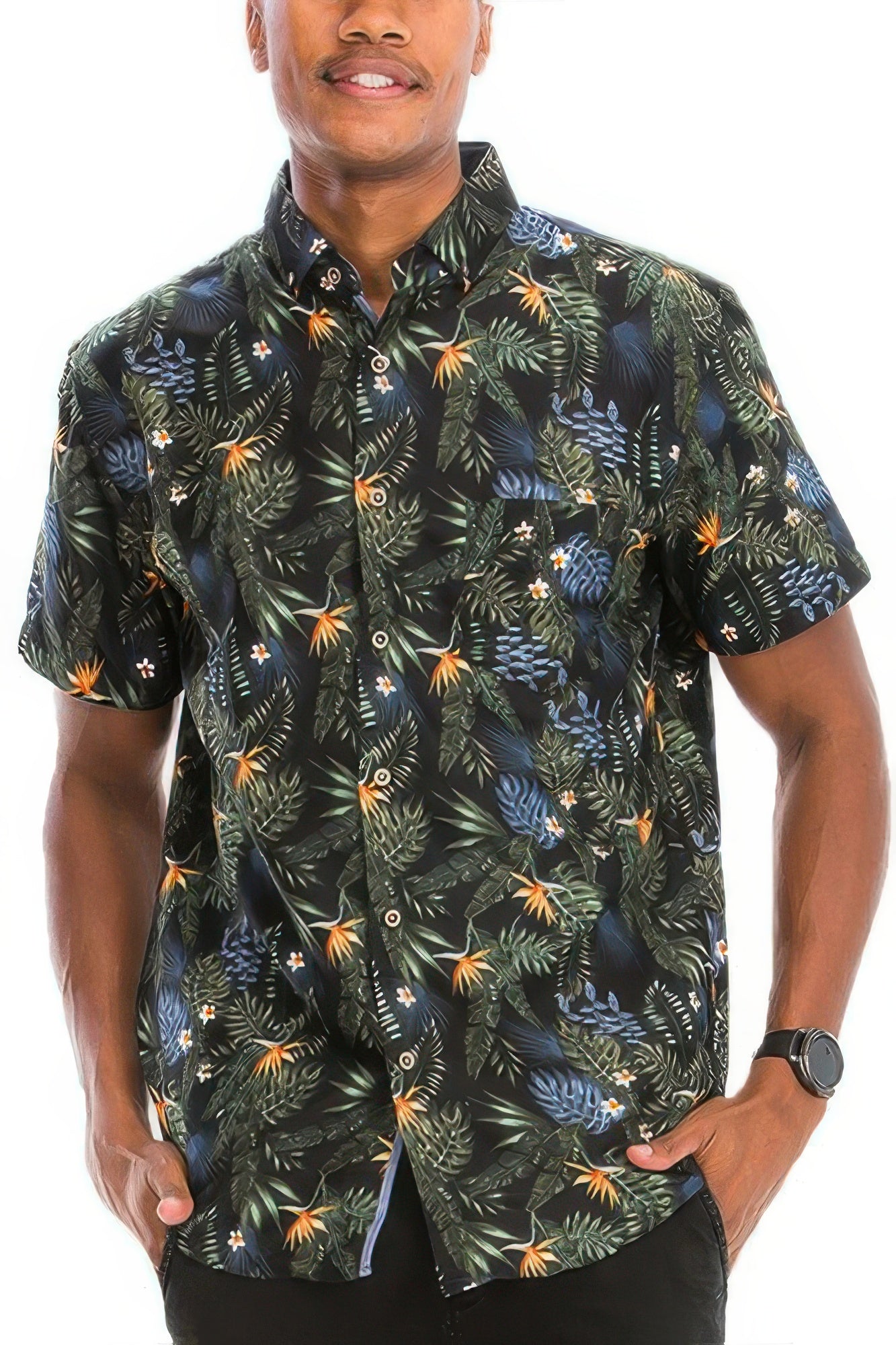 Green Hawaiian print button down shirt by Golden Heir featuring vibrant floral patterns and casual summer style.