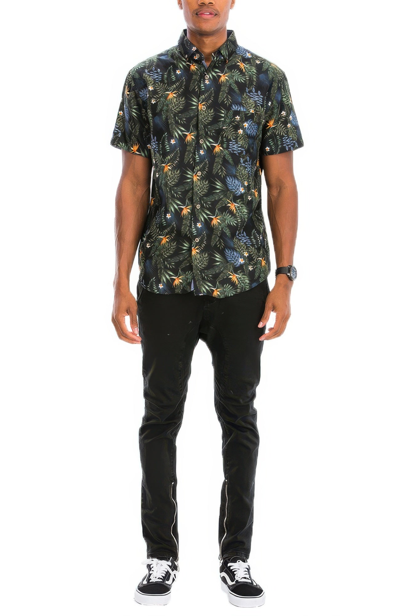 Golden Heir green Hawaiian print button down shirt, casual men's shirt with vibrant tropical pattern and relaxed fit.