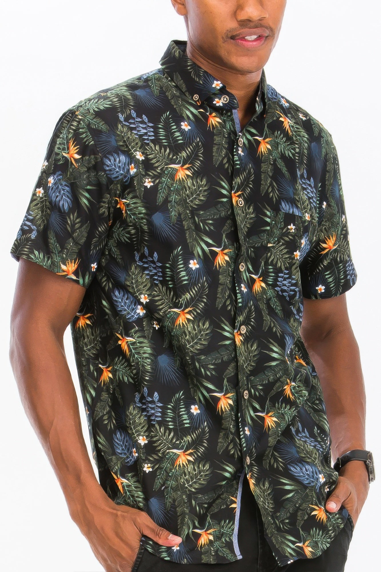 Golden Heir Hawaiian print button down shirt in green, featuring a colorful tropical floral pattern.