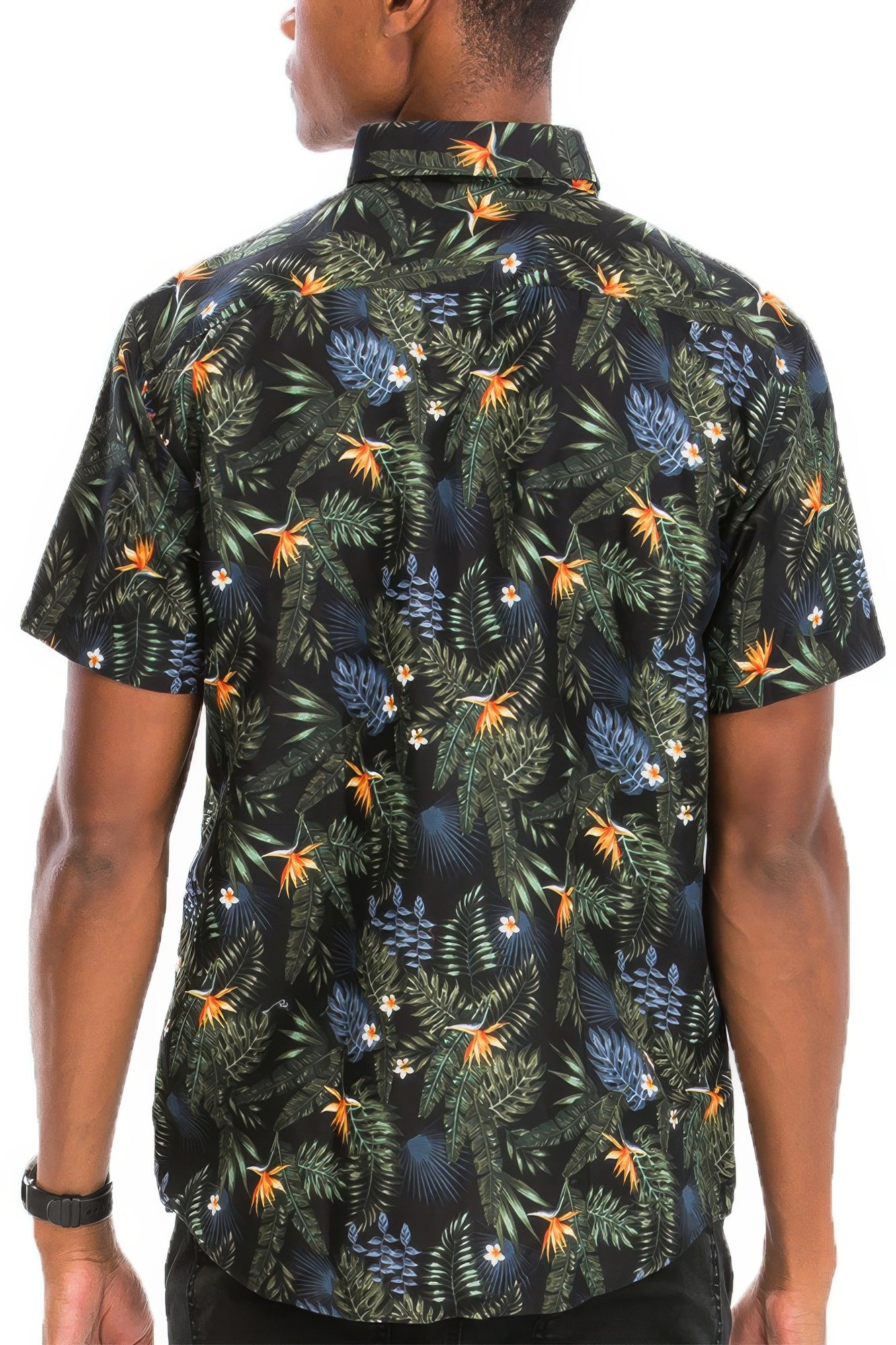 Golden Heir Hawaiian print button-down shirt in green, featuring a tropical floral pattern and casual fit.
