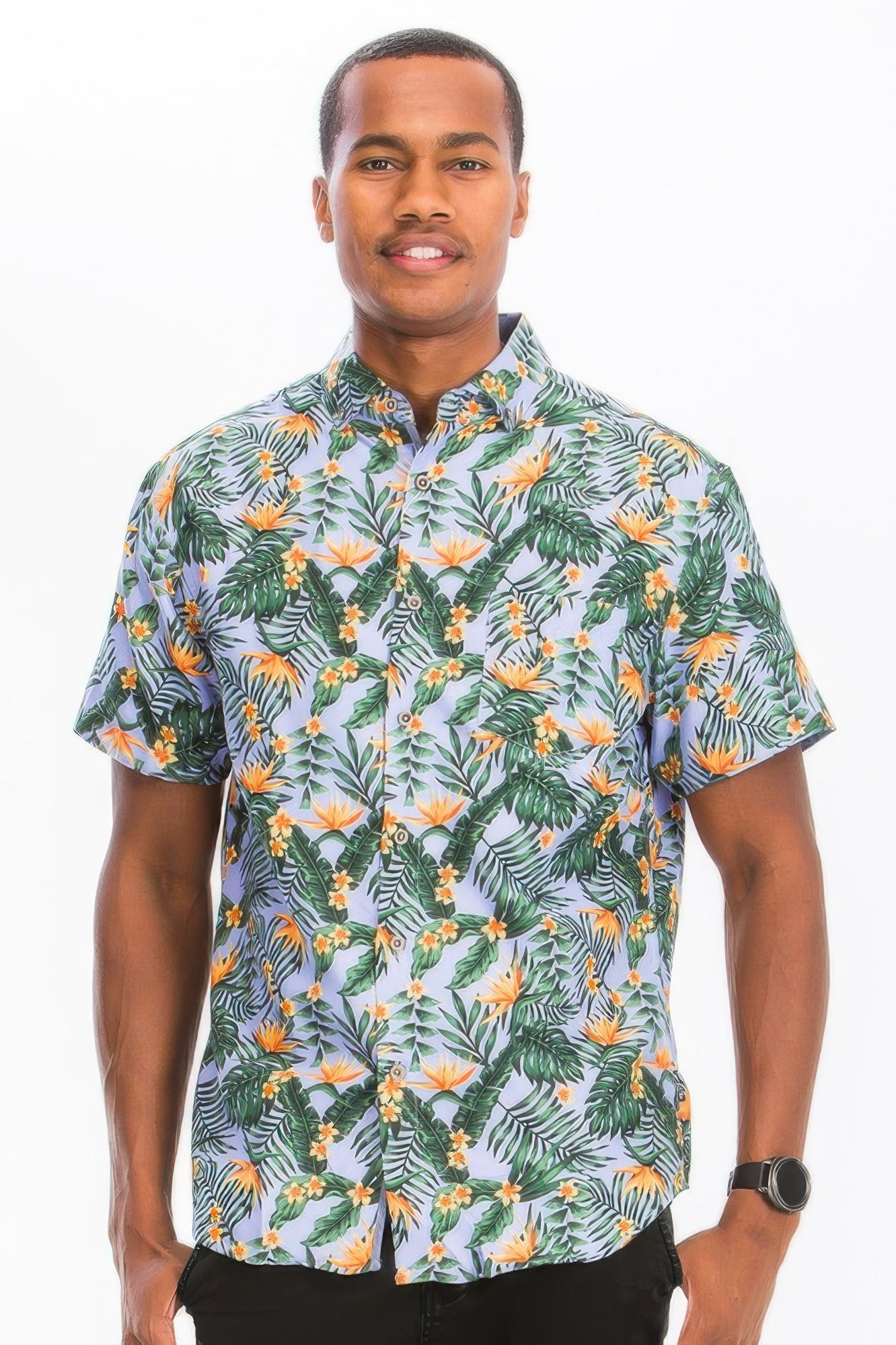 Golden Heir men's Hawaiian button down shirt in mint with tropical print, showcasing a casual, stylish summer shirt.