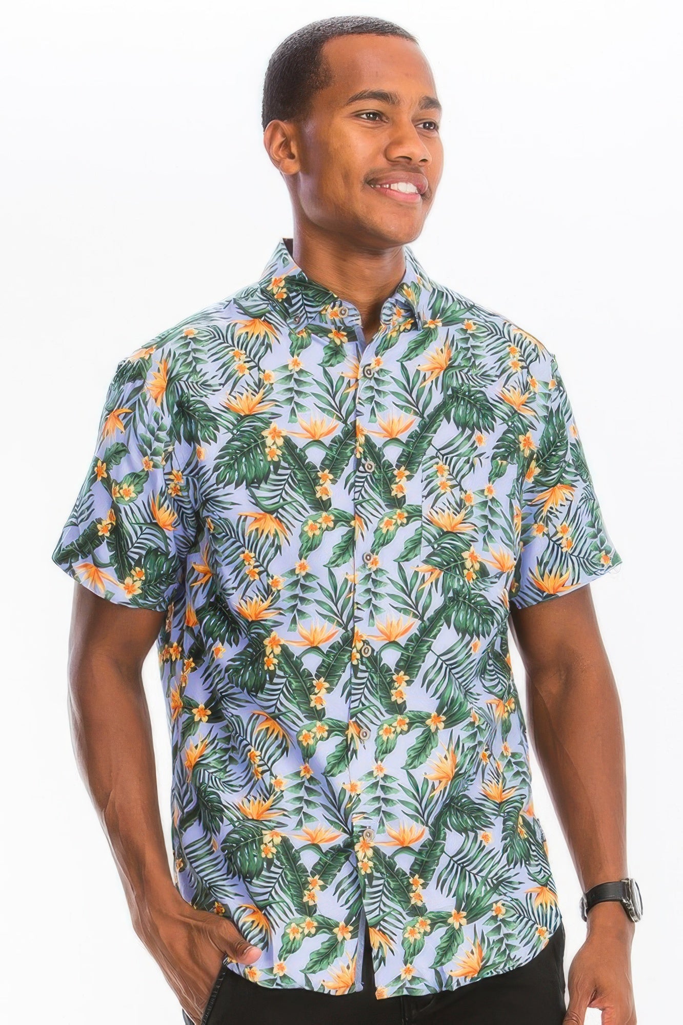 Golden Heir men's Hawaiian mint button-down shirt with tropical print, short-sleeve casual shirt for warm weather.