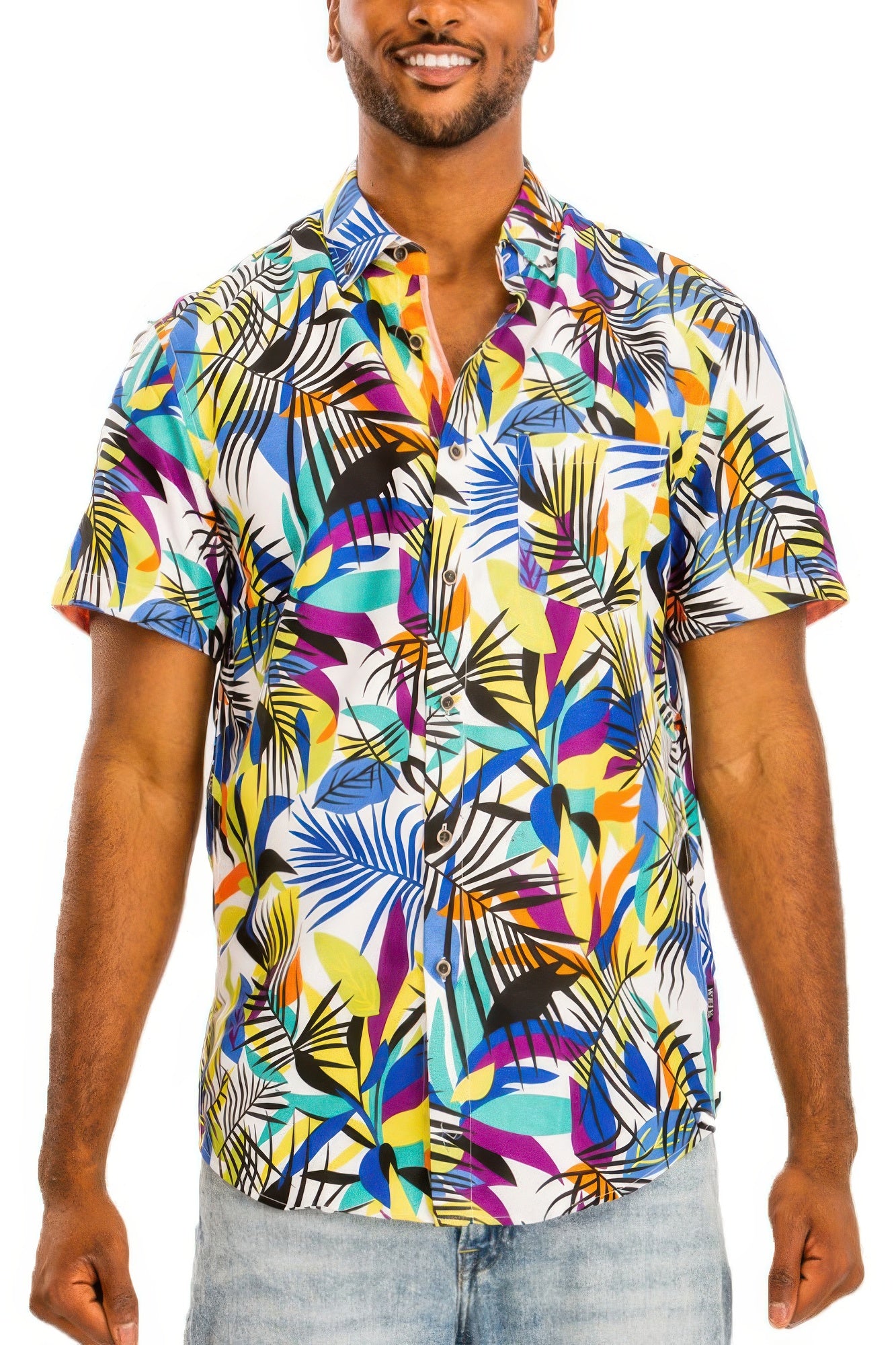 Golden Heir Hawaiian print button down shirt in multi-color, featuring vibrant tropical floral patterns and casual fit.