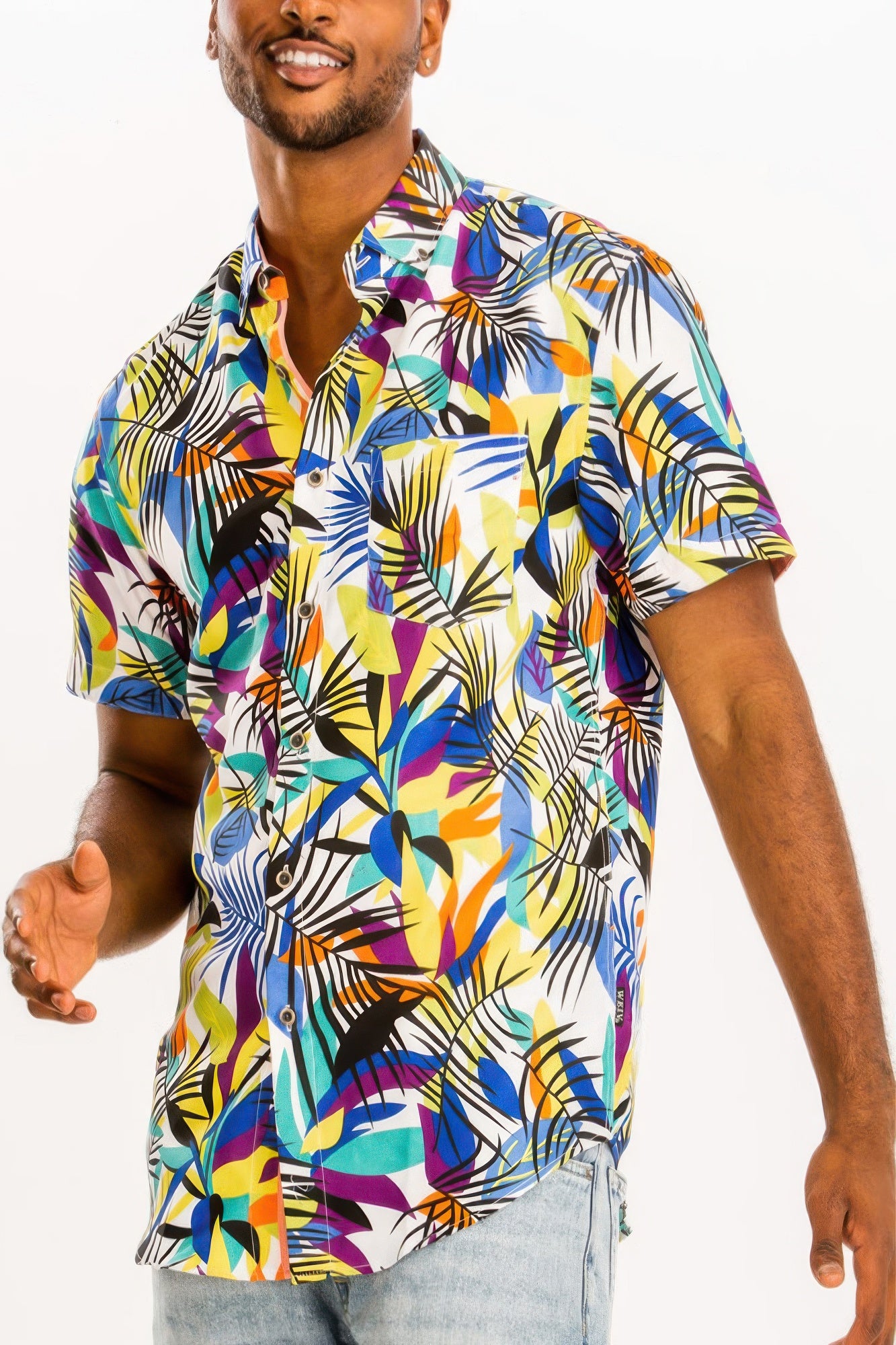 Golden Heir Hawaiian print button-down shirt in vibrant multi-color floral pattern, casual summer style for men