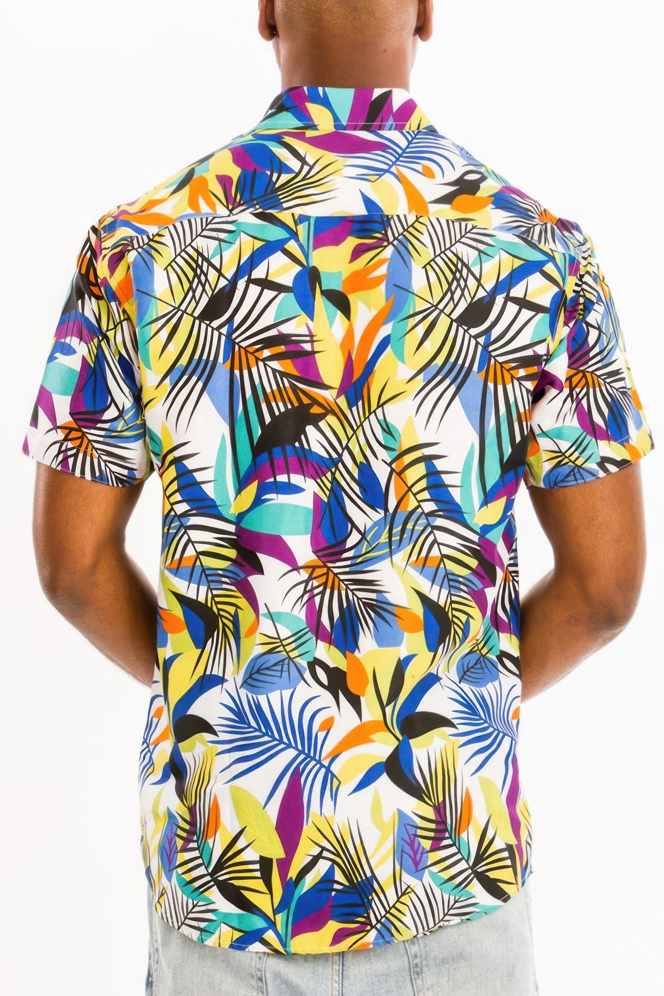 Golden Heir Hawaiian print button down shirt in multi-color, featuring tropical floral design and classic collar style.