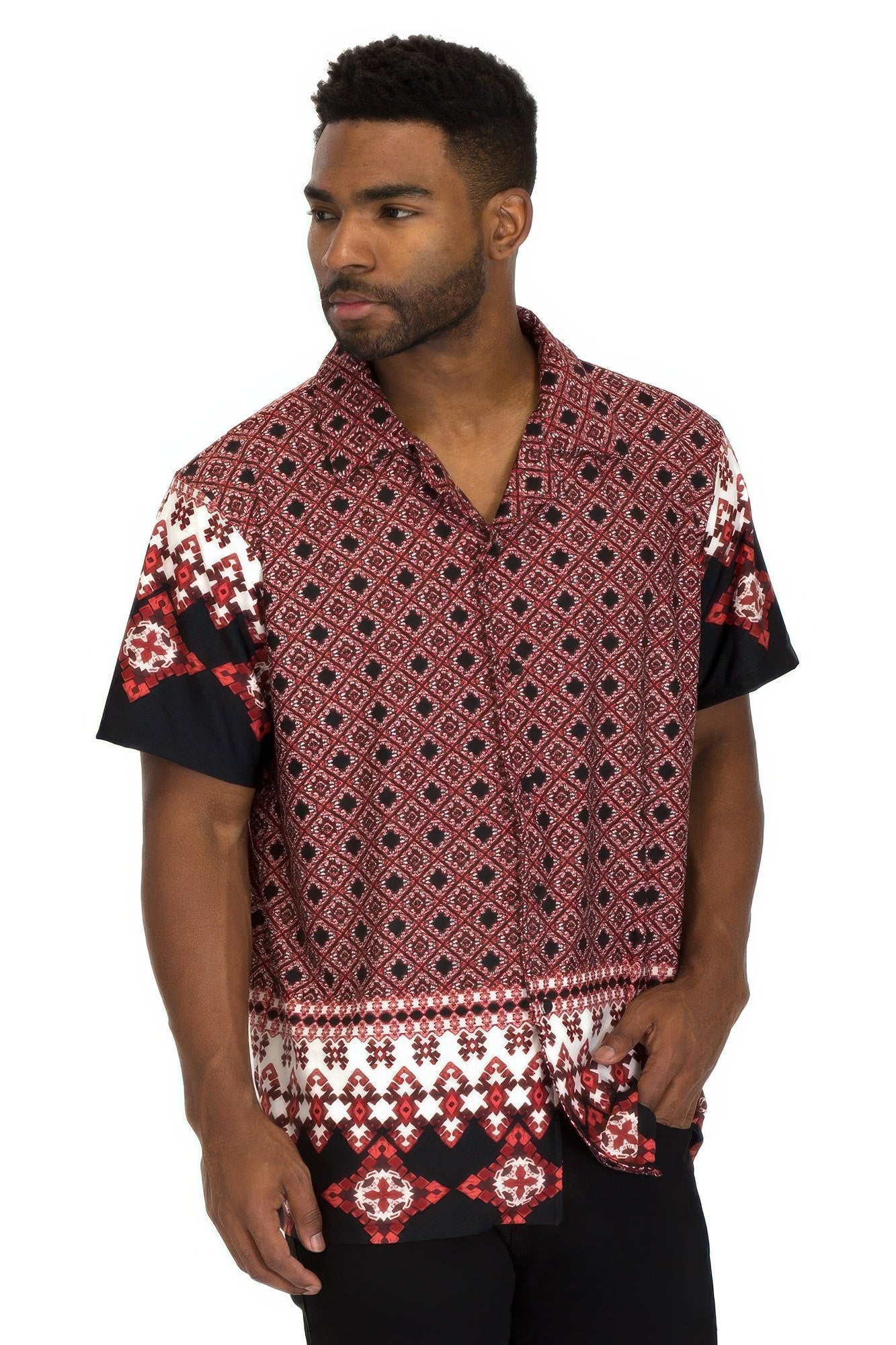 Golden Heir men's Cuban collar button-down shirt in multicolor fabric, featuring a stylish, casual design with a classic fit.