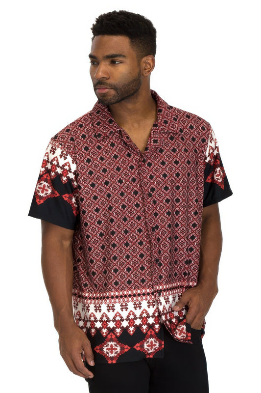 Golden Heir men's Cuban collar button-down shirt in multicolor fabric, featuring a stylish, casual design with a classic fit.
