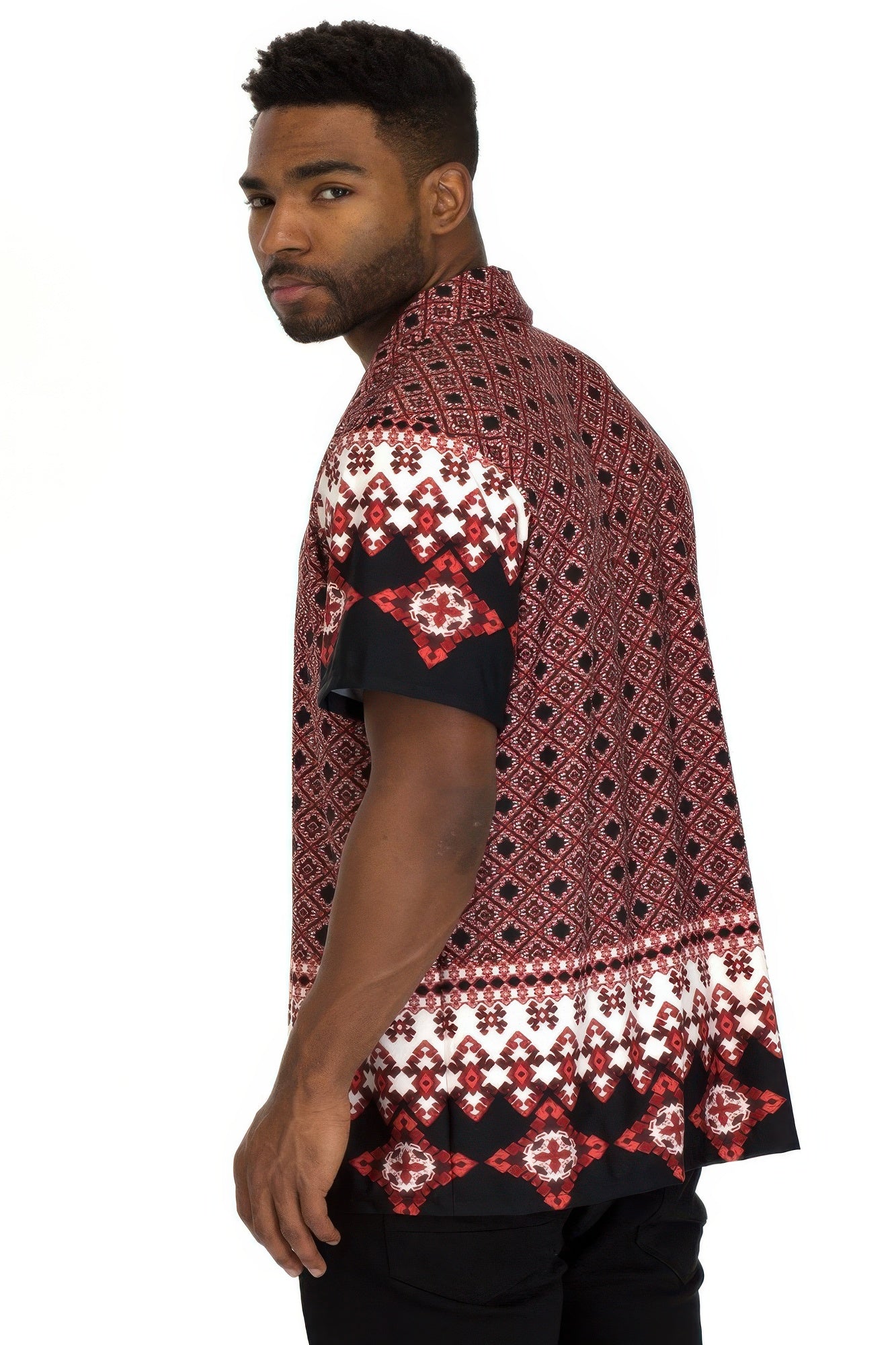 Golden Heir men's Cuban collar button-down shirt in multi-color fabric, featuring a stylish casual design.