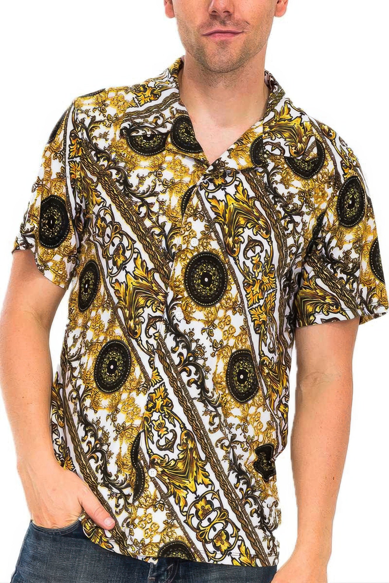 Golden Heir men's print button down shirt with colorful pattern, long sleeves, and classic collar, shown flat on a white background.