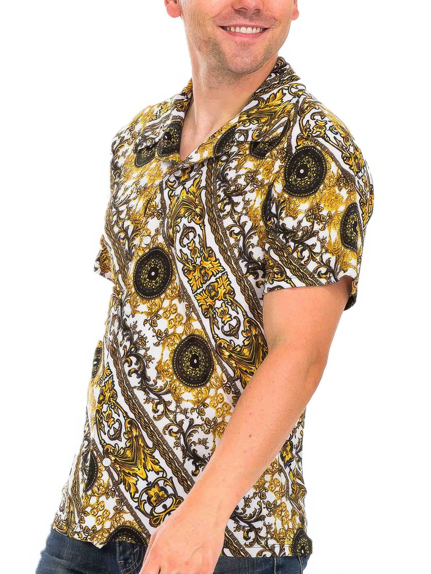 Golden Heir men's print button-down shirt featuring a colorful pattern, long sleeves, and classic collar style.