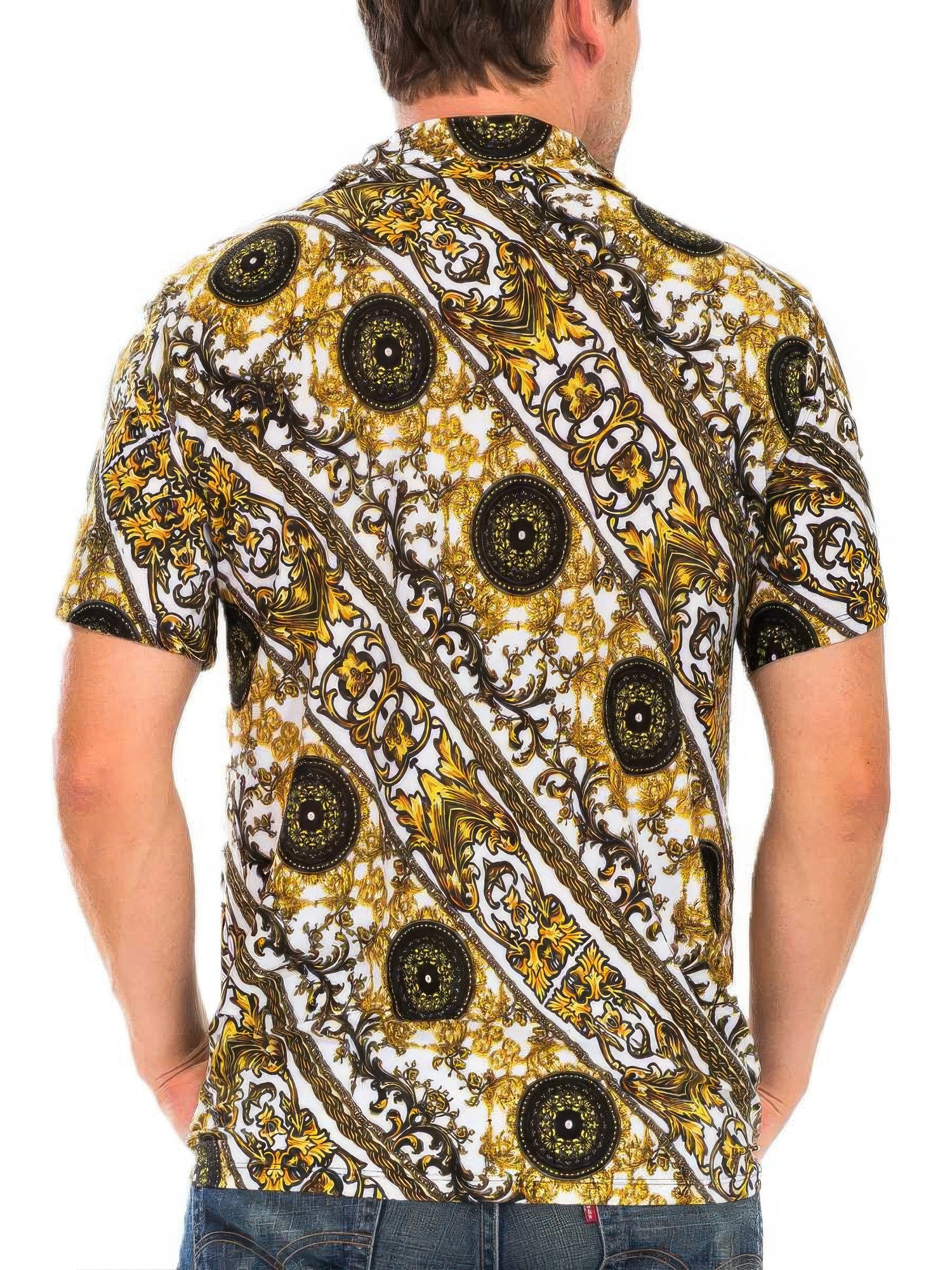 Golden Heir men's print button-down shirt with a colorful pattern, long sleeves, and classic collar, suitable for casual or formal wear.