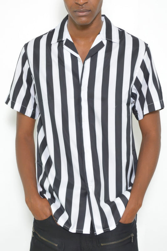 Golden Heir men's short sleeve striped button-down shirt with a classic collar and multi-color horizontal stripes.