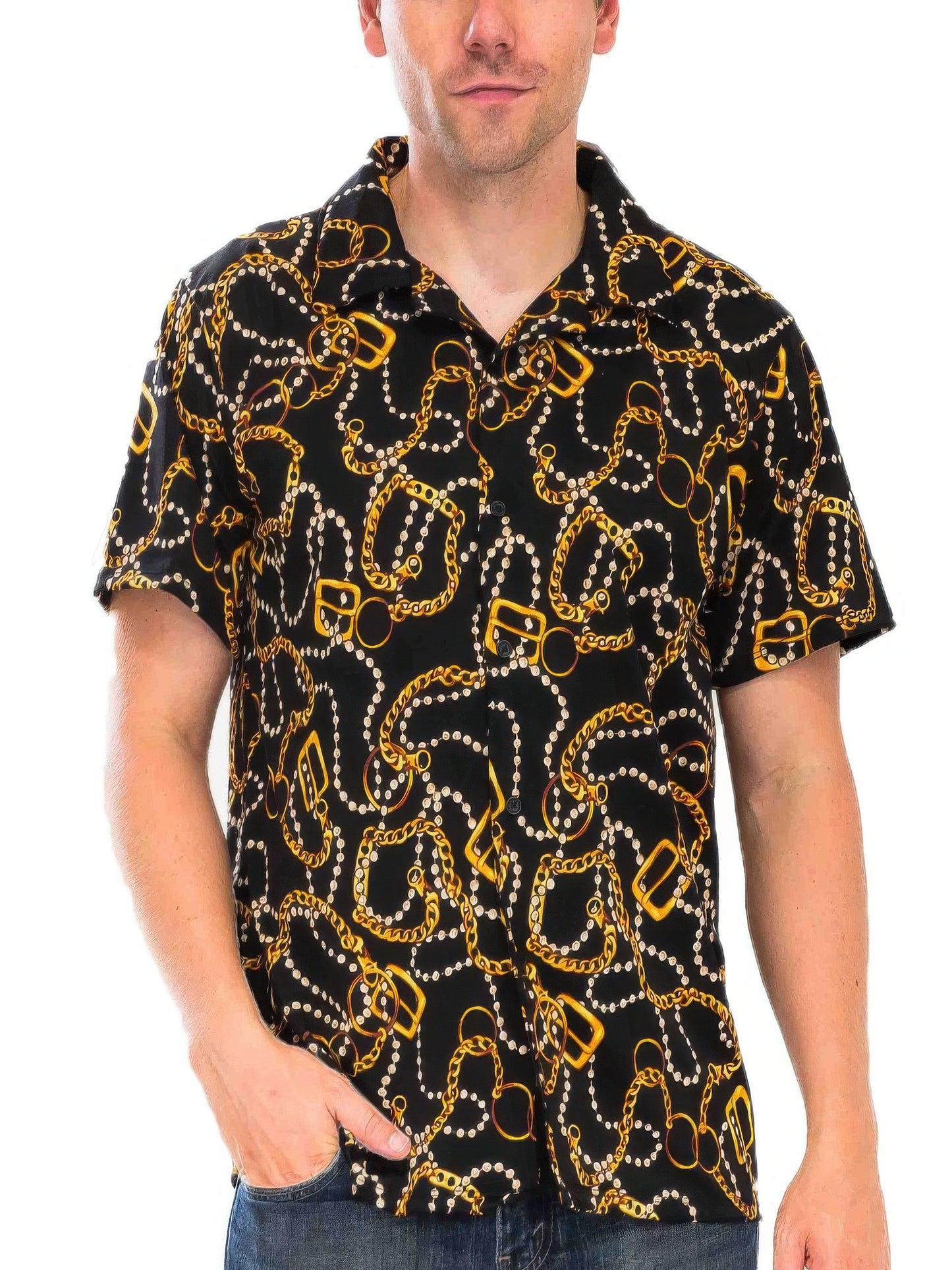 Golden Heir men's button-down shirt with string bead details in a multi-color design, stylish casual men's apparel.