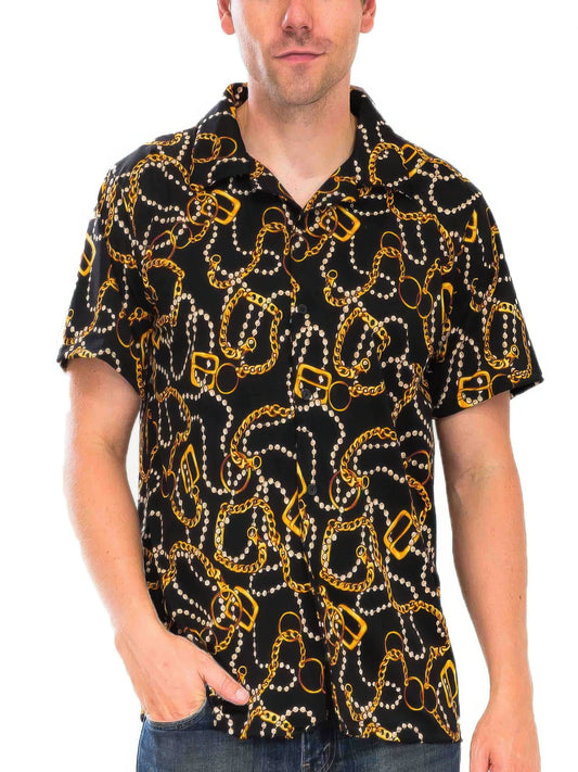 Golden Heir men's button-down shirt with string bead details in a multi-color design, stylish casual men's apparel.