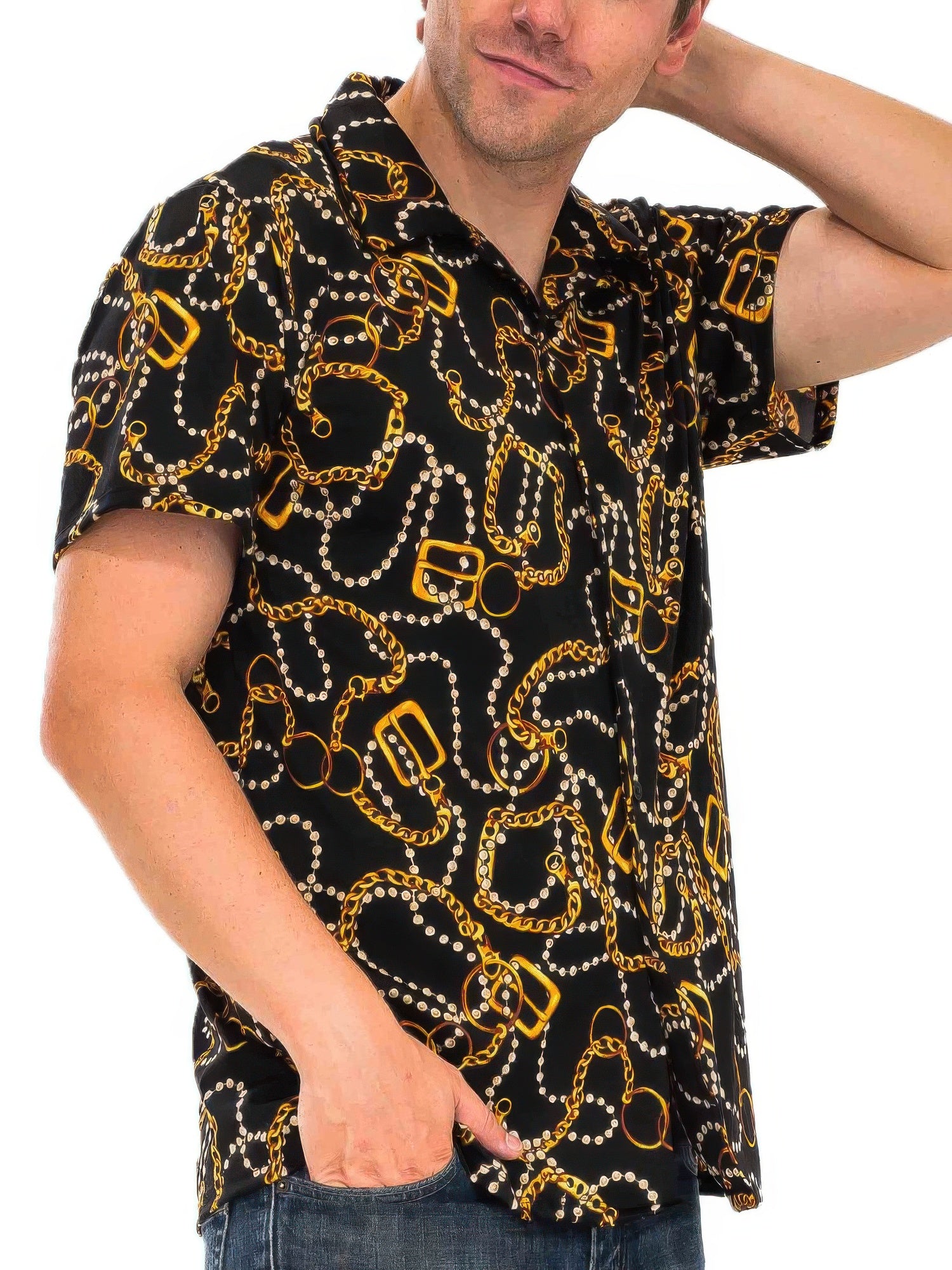 Golden Heir men's string bead button down shirt with multi-colored design, featuring a stylish casual look and unique button details.