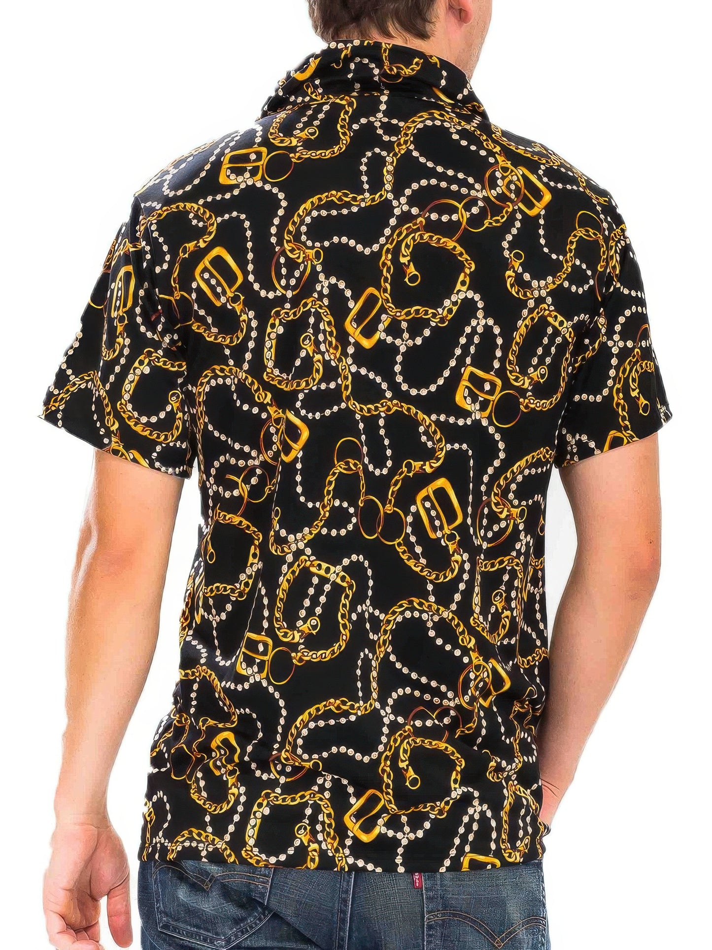 Golden Heir men's string bead button-down shirt with colorful design, long sleeves, and collar, casual men's fashion shirt.