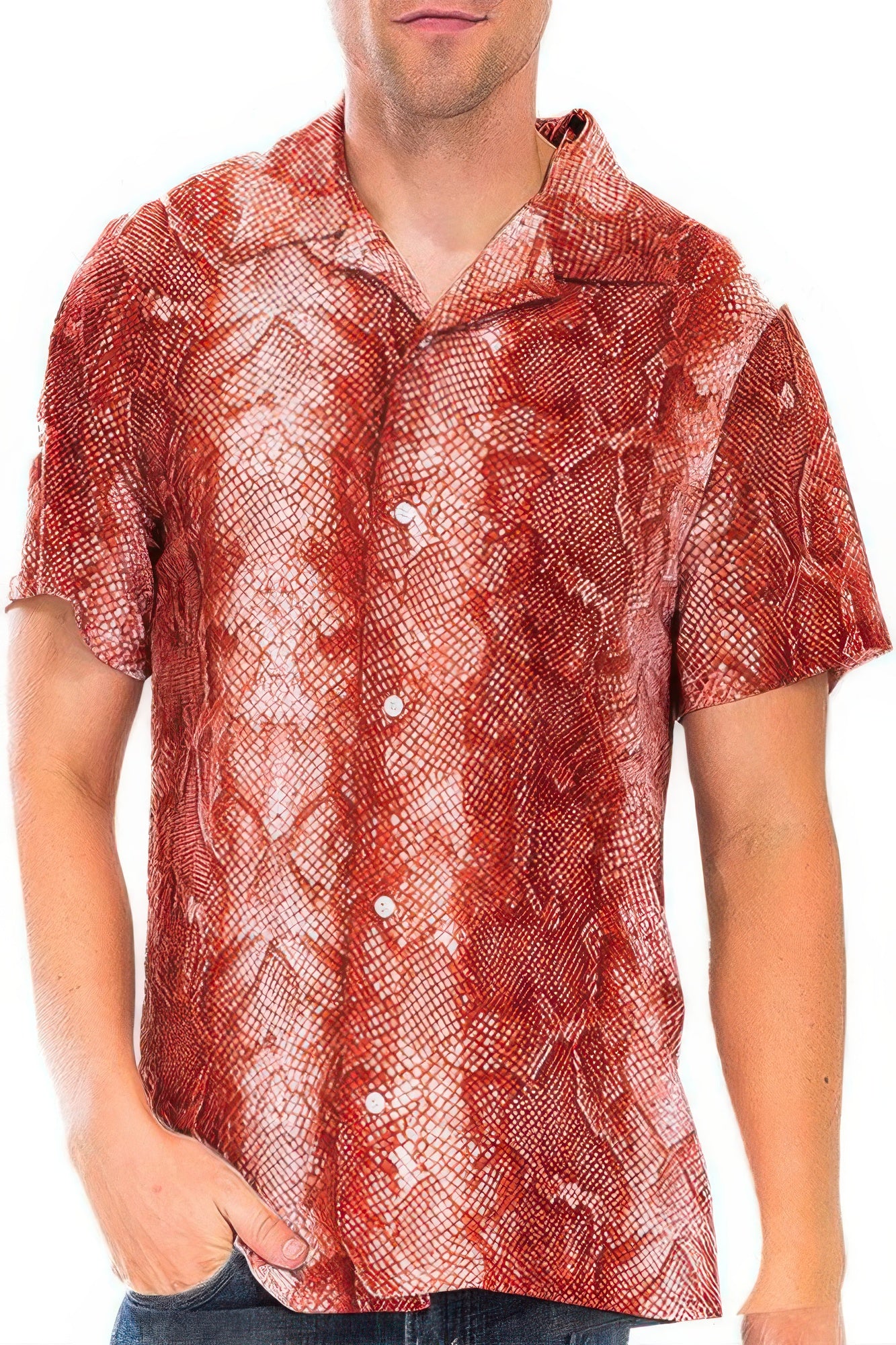 Golden Heir red snake print button-down shirt, casual men's shirt with long sleeves and classic collar.