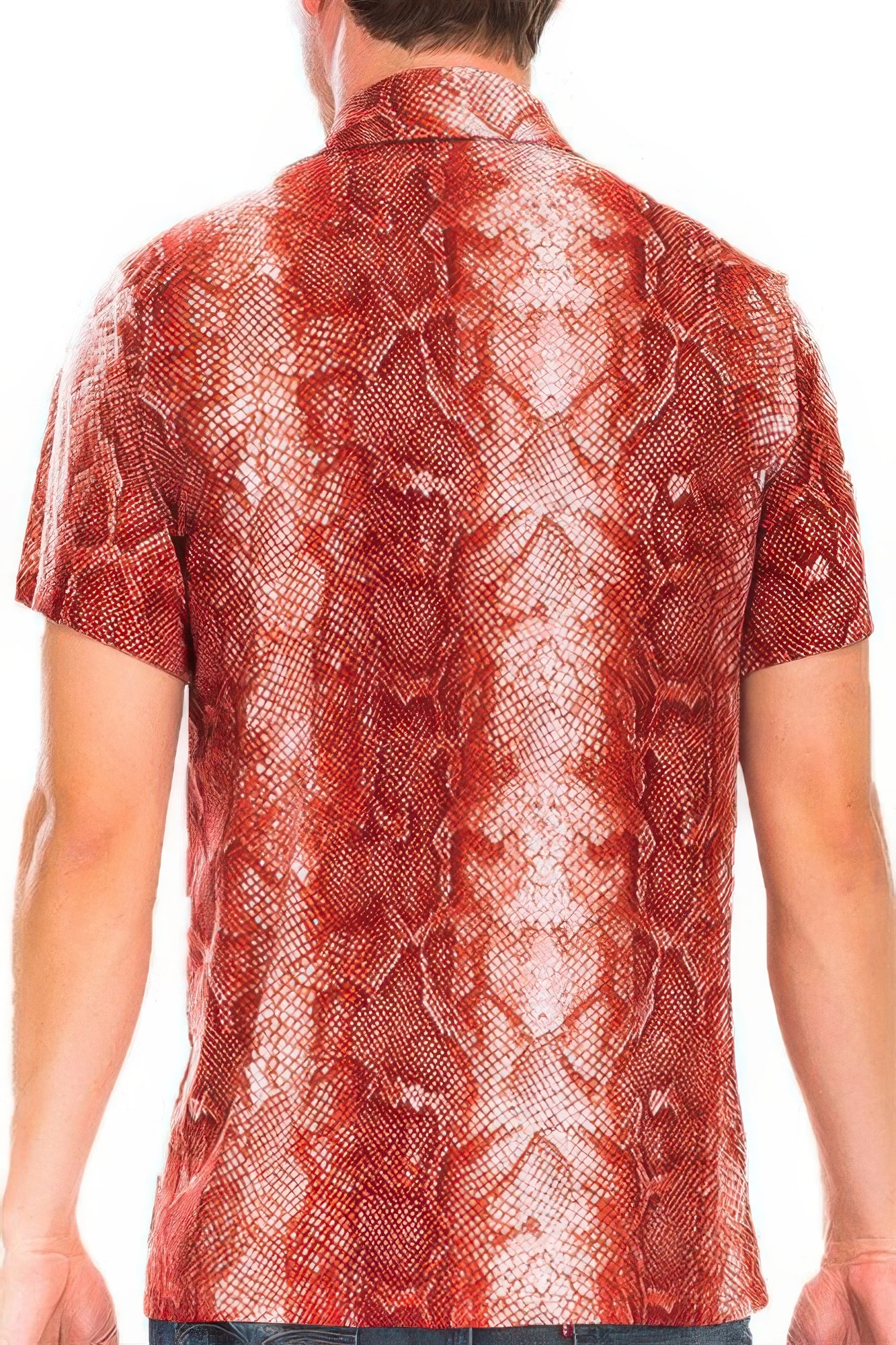 Golden Heir red snake print button down shirt, casual men's shirt with a classic collar and long sleeves, stylish and comfortable.