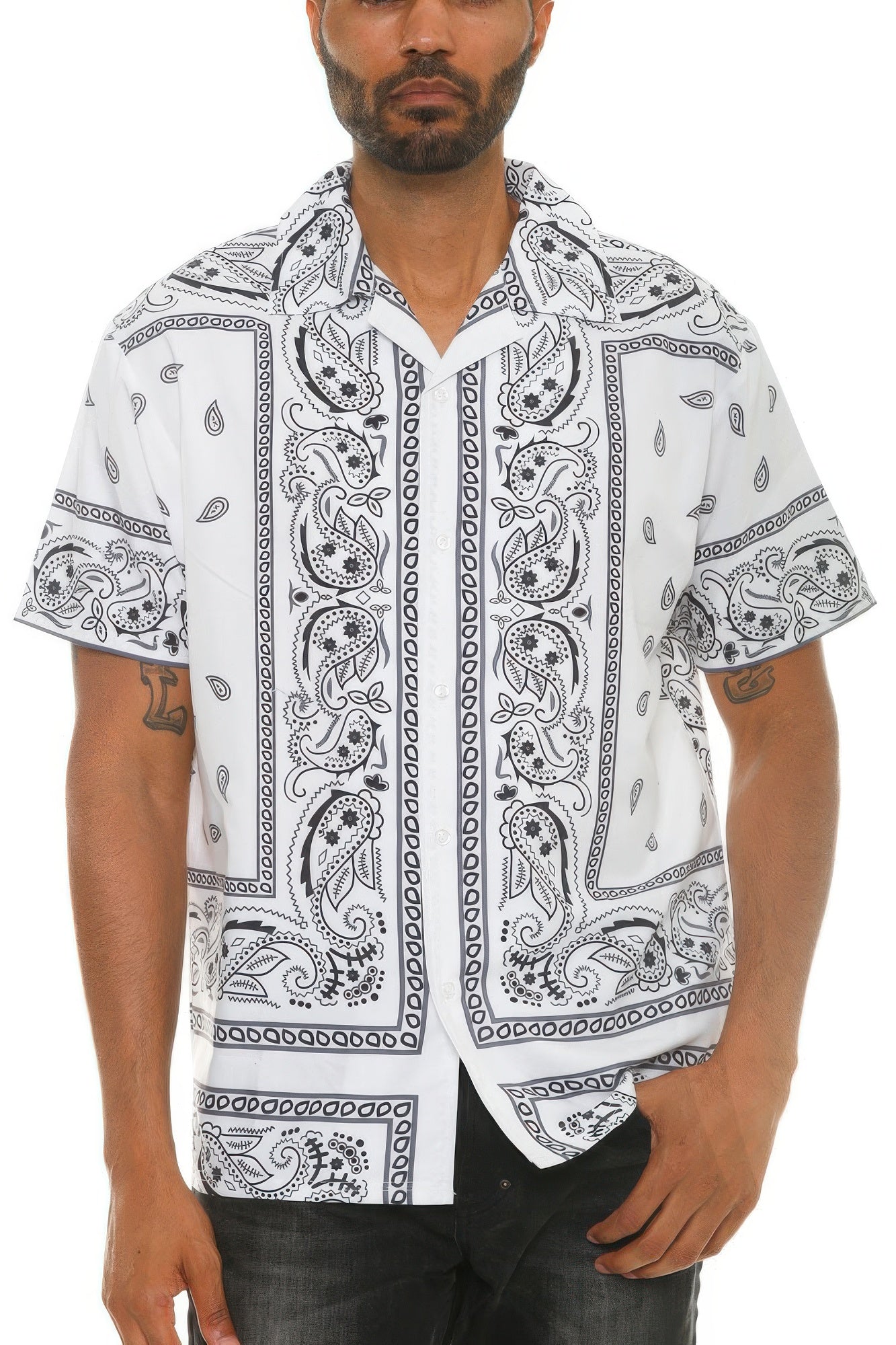 Golden Heir men's button down shirt with white and black collared print, stylish and comfortable for casual wear.