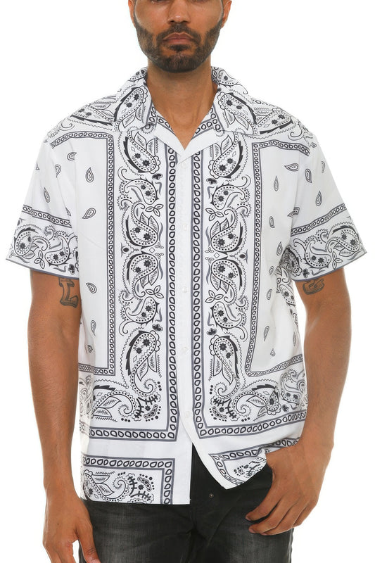Golden Heir men's button down shirt with white and black collared print, stylish and comfortable for casual wear.