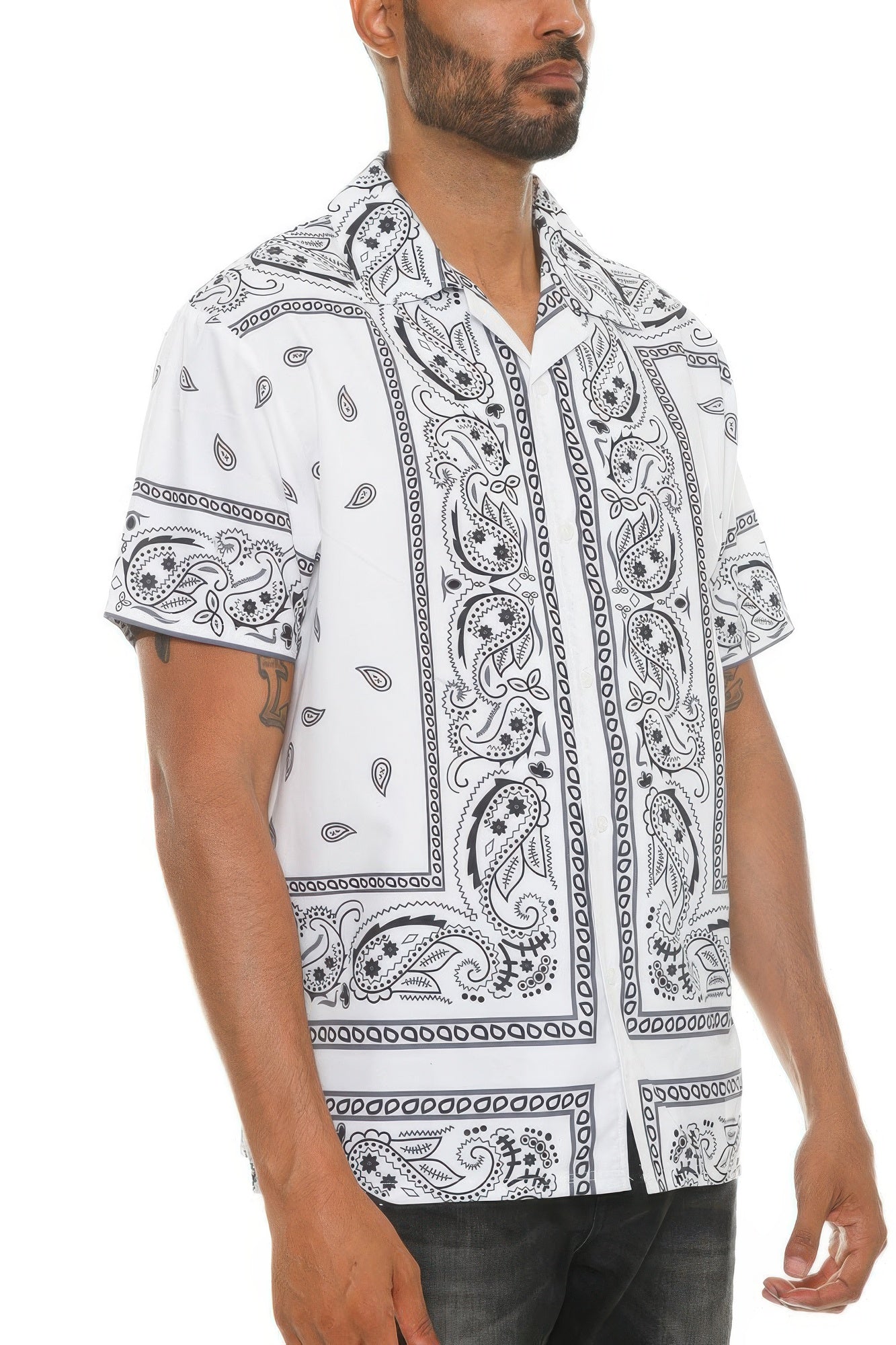 Golden Heir men's collared print button-down shirt in white and black with stylish design, perfect for casual or formal wear.