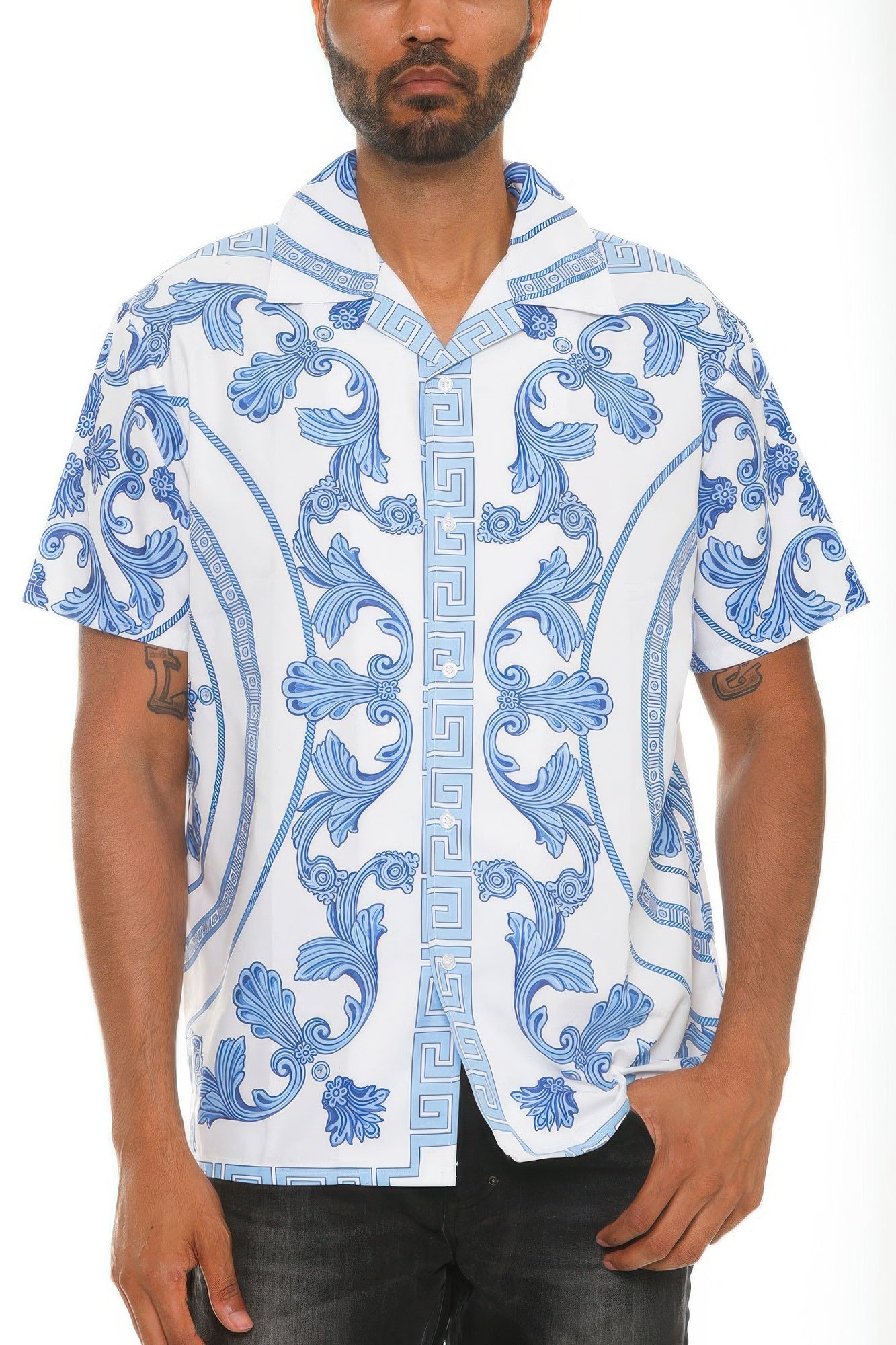 Golden Heir men's collared print button-down shirt in white and blue, featuring a stylish pattern and classic fit.