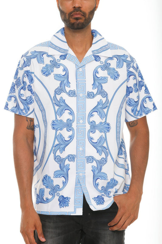 Golden Heir men's collared print button-down shirt in white and blue, featuring a stylish pattern and classic fit.