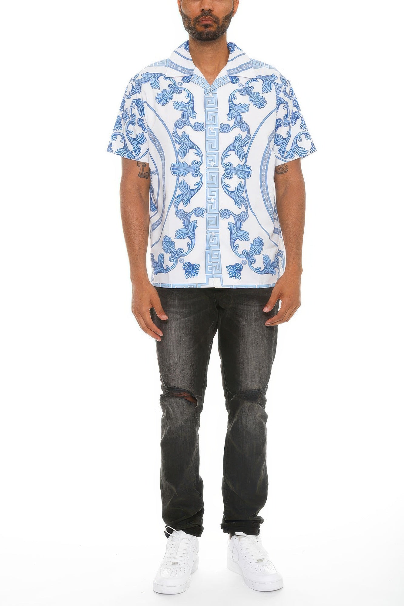 Golden Heir men's collared print button-down shirt in white and blue, featured with a classic collar and stylish design.