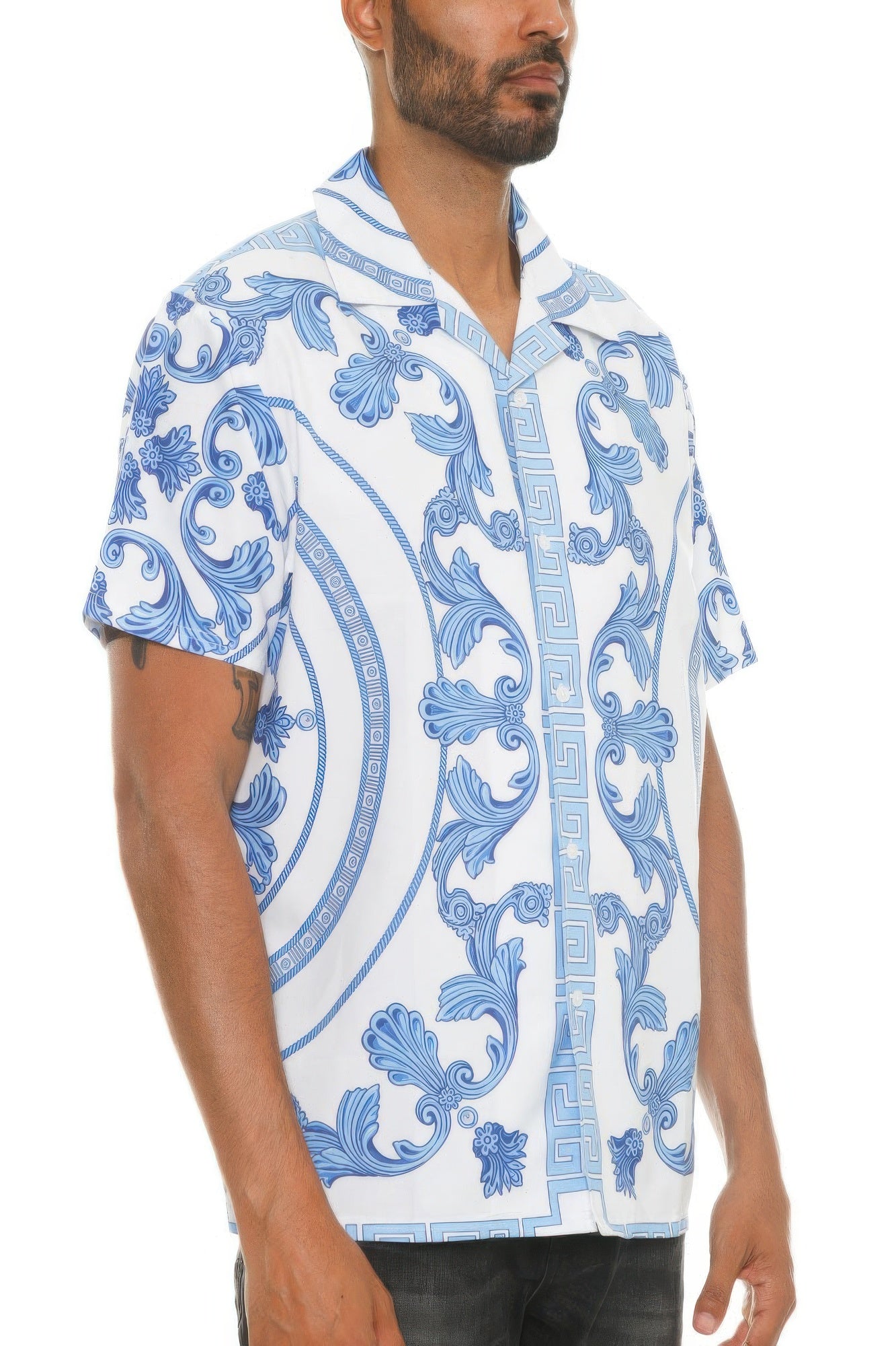 Golden Heir men's collared print button-down shirt in white and blue, featuring a stylish graphic pattern.