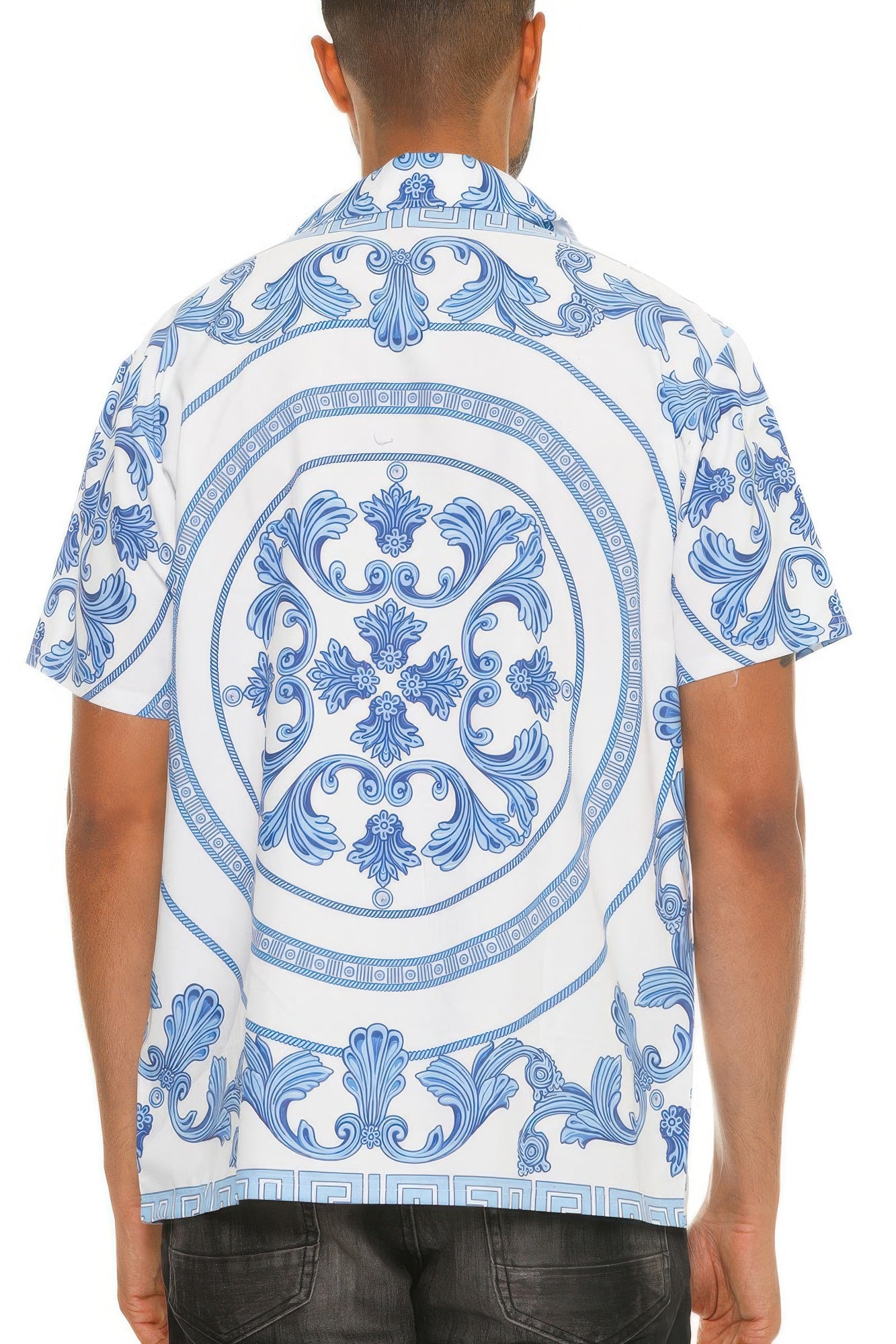 Golden Heir men's collared print button down shirt in white and blue, featuring a stylish pattern and classic fit.